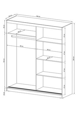 MOEBLO Kleiderschrank BORNEO ALU (Wohnzimmerschrank 2-türig Schrank Gaderobe Schiebtüren, Dekorative Aluminiumleisten, Schwebetürenschrank mit Einlegeböden und Kleiderstange) - (BxHxT): 180/200x200/214x62 cm