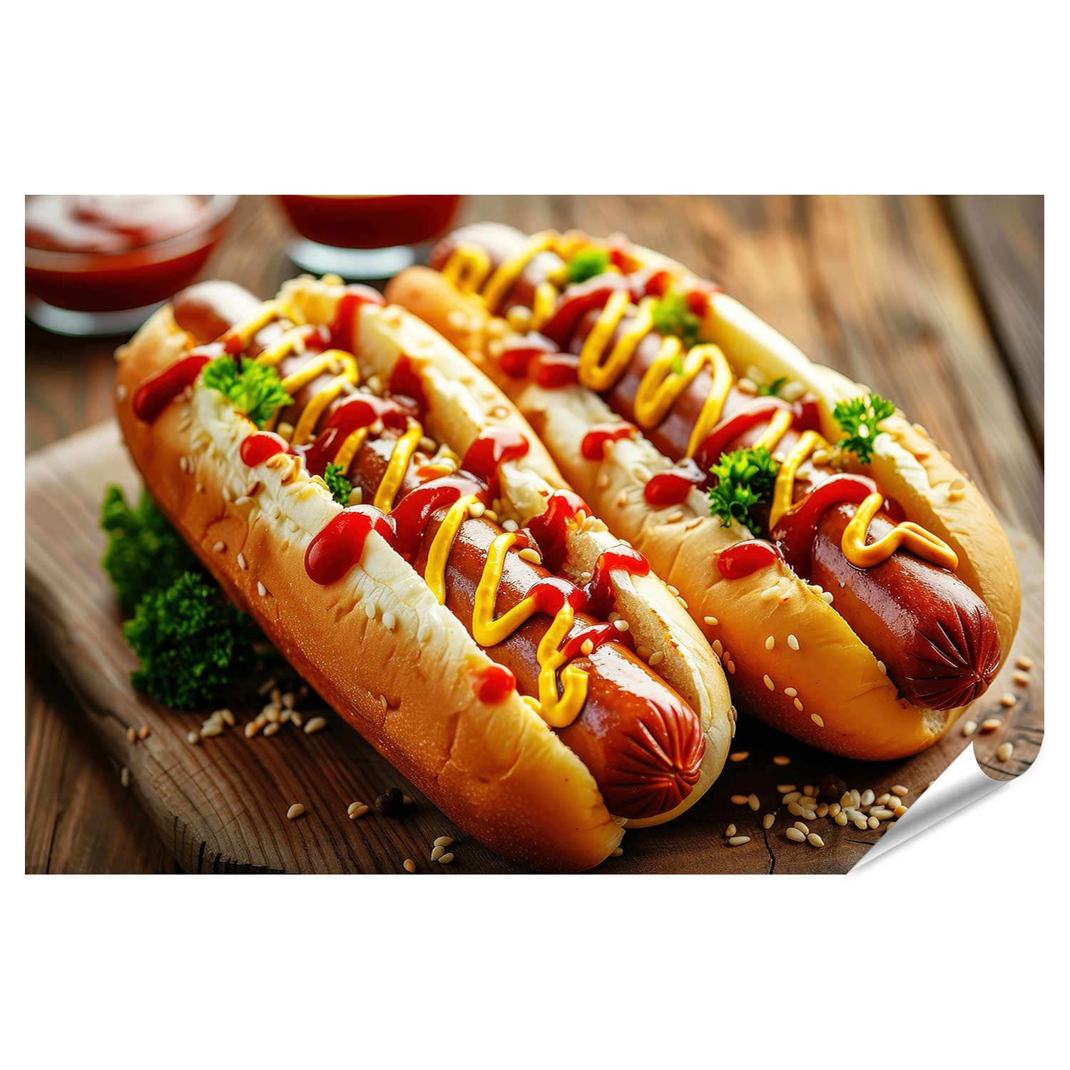 Poster Klassische Hot Dog Brötchen mit Schweine- und Rindswurst, Wiener
