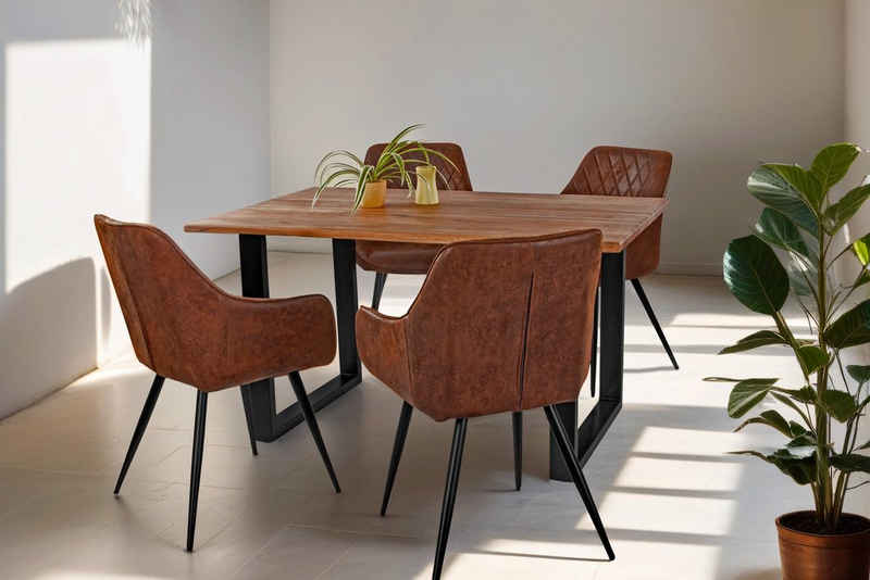 SAM® Essgruppe Flower, Akazienholz, nussbaumfarben, Baumkante, Metallgestell und 4 Stühle