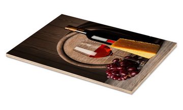 Posterlounge Holzbild Editors Choice, Rotwein mit Käse und Trauben, Rustikal Fotografie