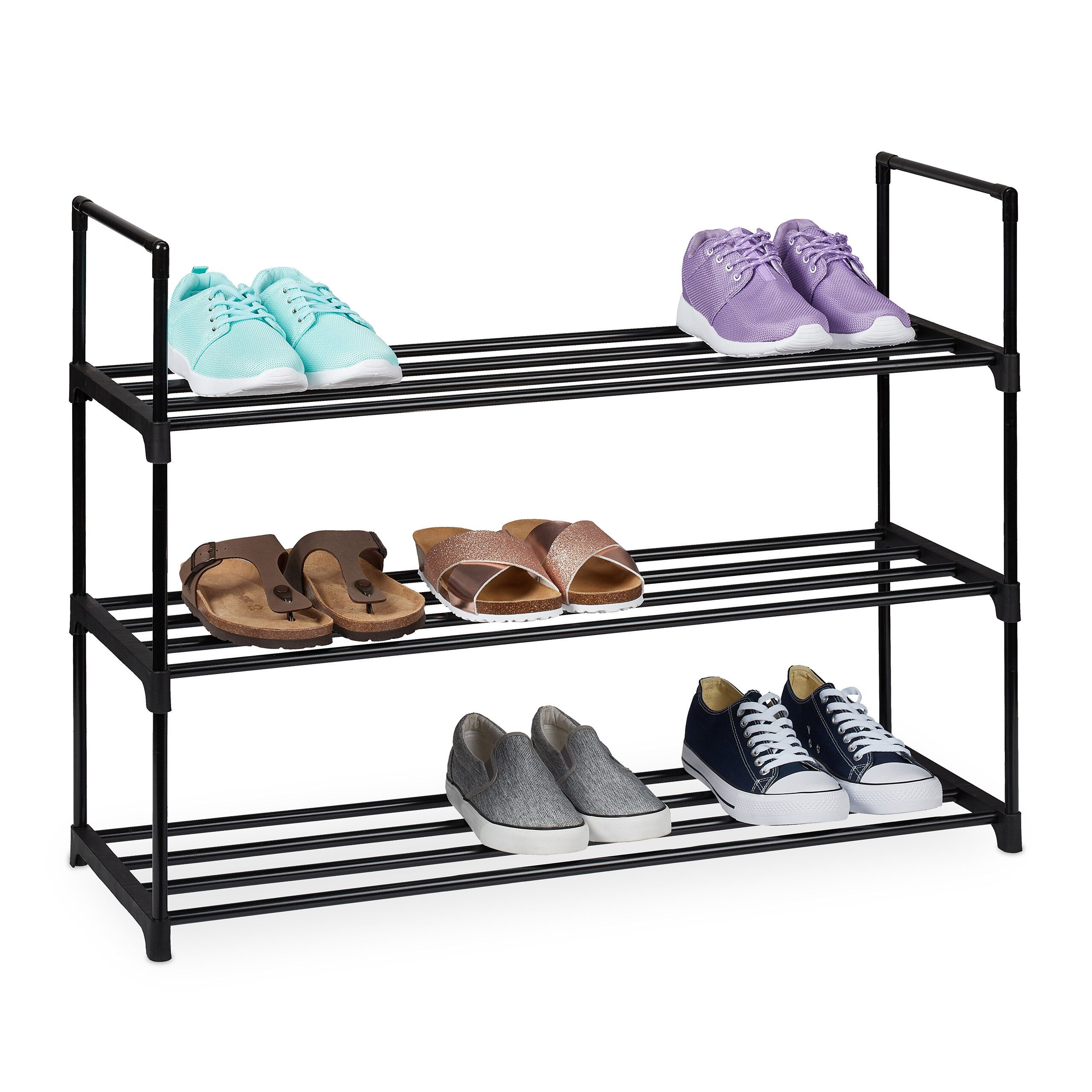 relaxdays Schuhregal Metall, 1-tlg., schwarz, 3 Ebenen, 92 cm