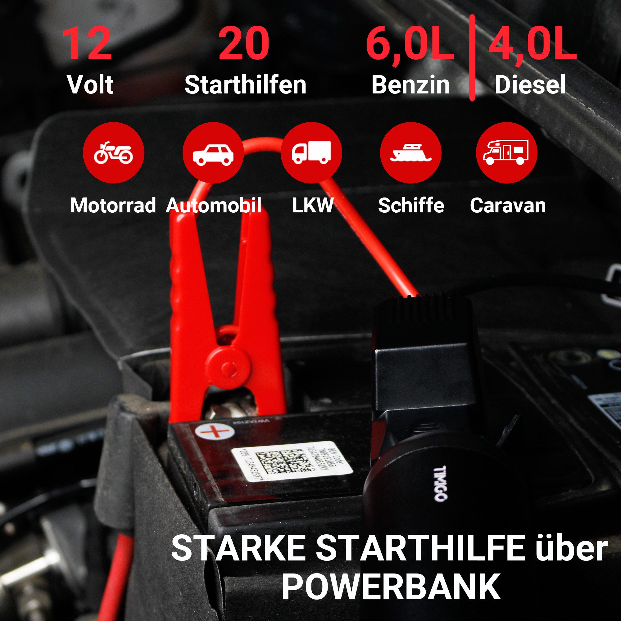 TIMIGO K2 Auto Starthilfe mit Luftkompressor, 12V-500A Spitzenstrom (38,4Wh) Starthilfegerät TIMIGO K2 2600 mAh (5 V (USB), 12 V (Starthilfe) V, 1 St), Multifunktionales 4‑in‑1 Gerät für Fahrzeug und Outdoor