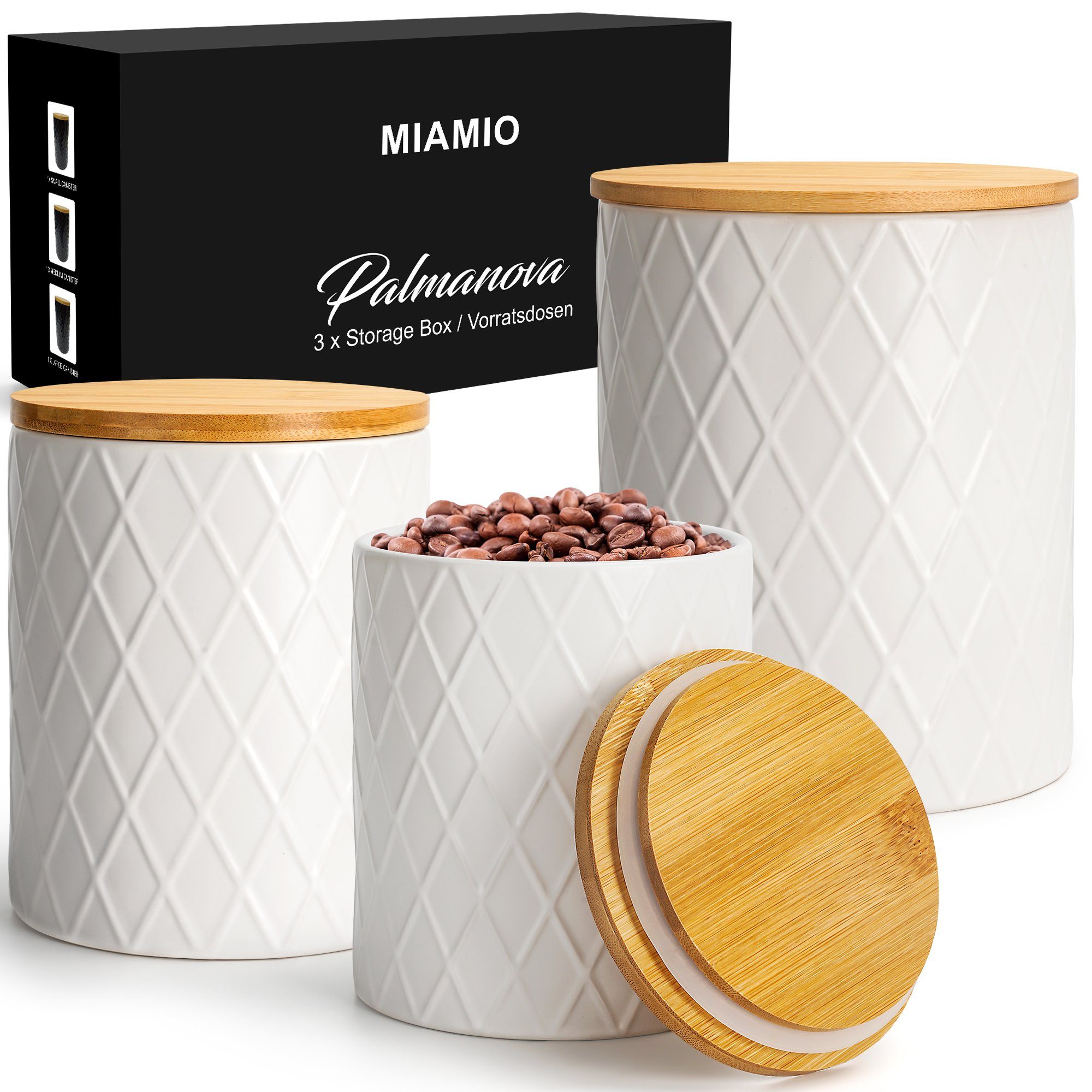 MiaMio Vorratsdose Palmanova mit Holzdeckeln, Keramik, (Set, 3-tlg., 3 Vorratsdosen mit Holzdeckeln), mit Holzdeckeln und Dichtungsringen
