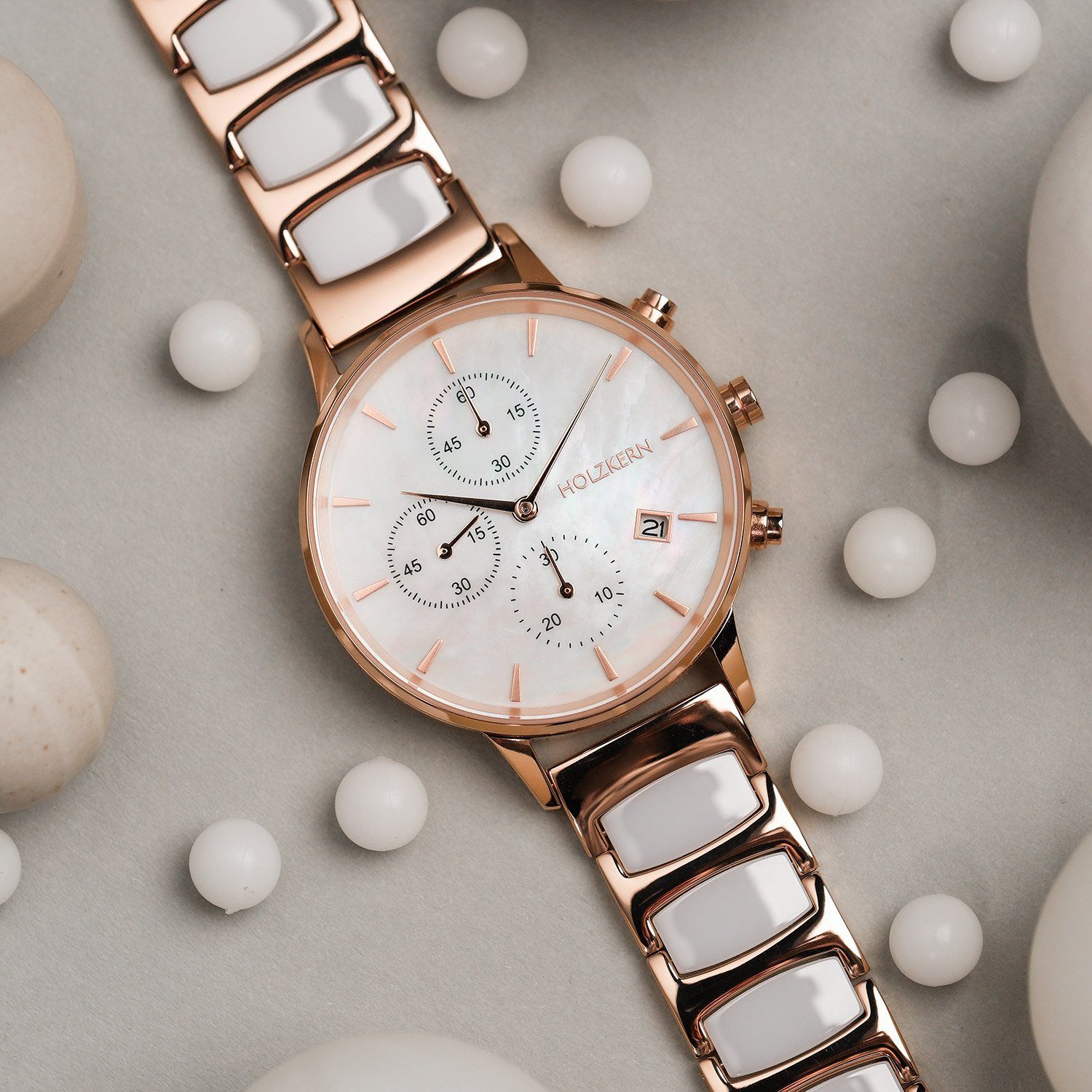 Holzkern Quarzuhr 9010631016418, Damenuhr Chronograph Shiny Perlmutt/Keramik