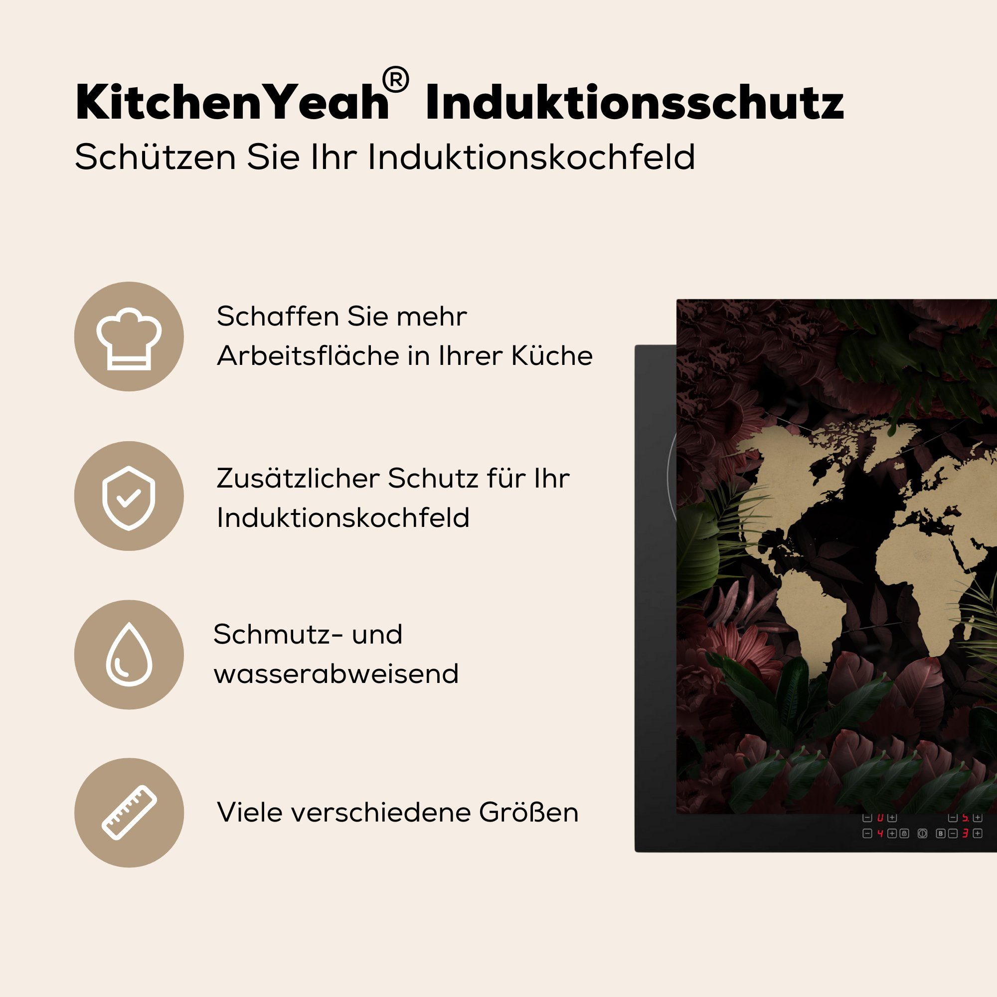 MuchoWow Herdblende-/Abdeckplatte Weltkarte - 78x78 für (1 Arbeitsplatte cm, Einfach, küche Pflanzen Ceranfeldabdeckung, Vinyl, - tlg)
