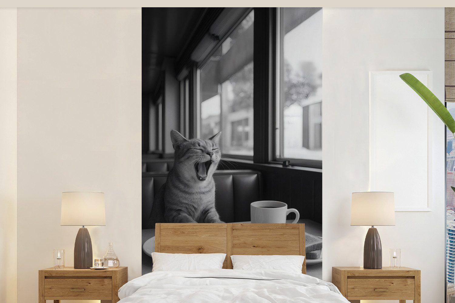 MuchoWow Fototapete Katze - Kaffee - Brot - Schwarz, Matt, bedruckt, Vliestapete für Wohnzimmer Schlafzimmer Küche, Fototapete, 120x240 cm