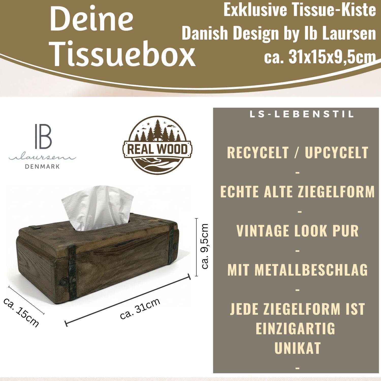 LS-LebenStil Aufbewahrungsbox Tissue-Box Holz 31cm Braun Ziegelform Kosmetiktuch-Spender Taschentuch (iB Laursen - Tücherbox Kosmetiktücher-Box Taschentuch-Spender Box Spender, 1 St., ideal auch für Kleenex Feuchttücher feuchtes Toilettenpapier)