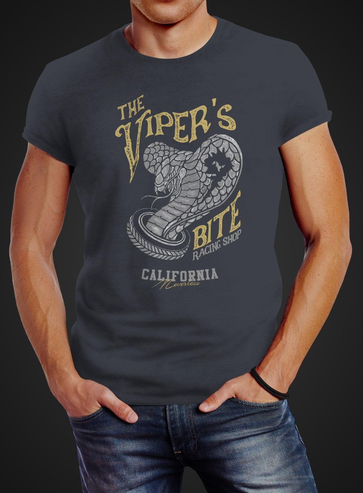 Neverless T-Shirt Style Racing Klapperschlange Print mit Slim grau The Bite Herren Neverless® Vipers California Shop Print-Shirt Fit Tatto