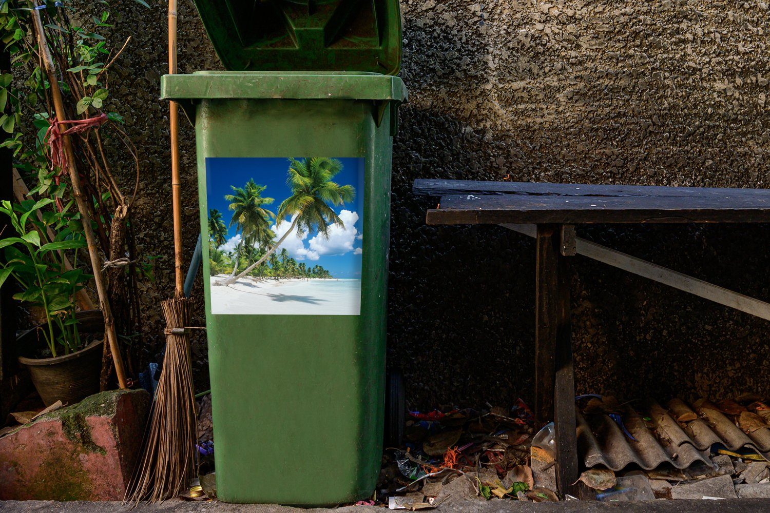 Container, Mülleimer-aufkleber, Tropisch Wandsticker (1 Mülltonne, Abfalbehälter Strand - Palme - MuchoWow Sticker, St),
