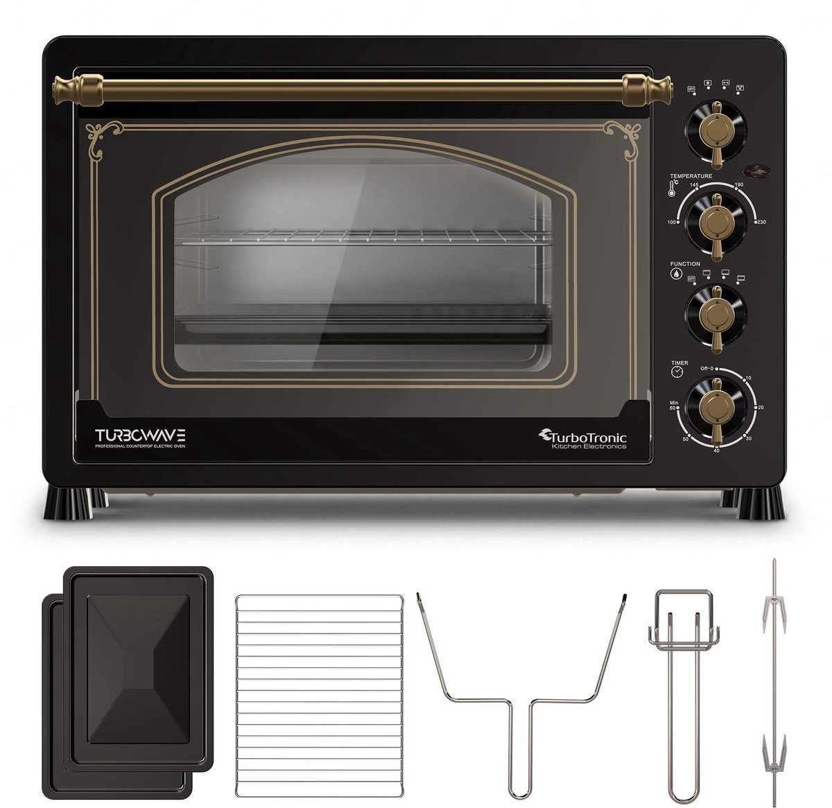 TurboTronic by Z-Line Minibackofen 2000 W 45 l Mini Backofen Retro mit Umluft Drehspieß Grill Pizzaofen, Retro-Design, Umluftfunktion, Drehspieß