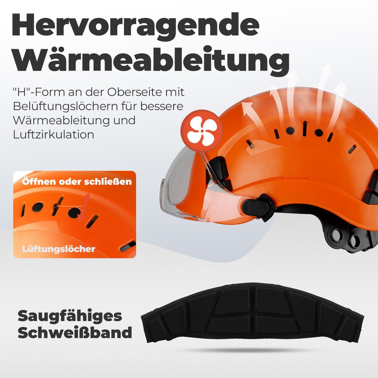 Mustbau Schutzhelm EN397 Schutzhelme mit Schweißband und Visier, 53 bis 63cm Verstellbarer Kopfumfang, strapazierfähiges ABS-Material