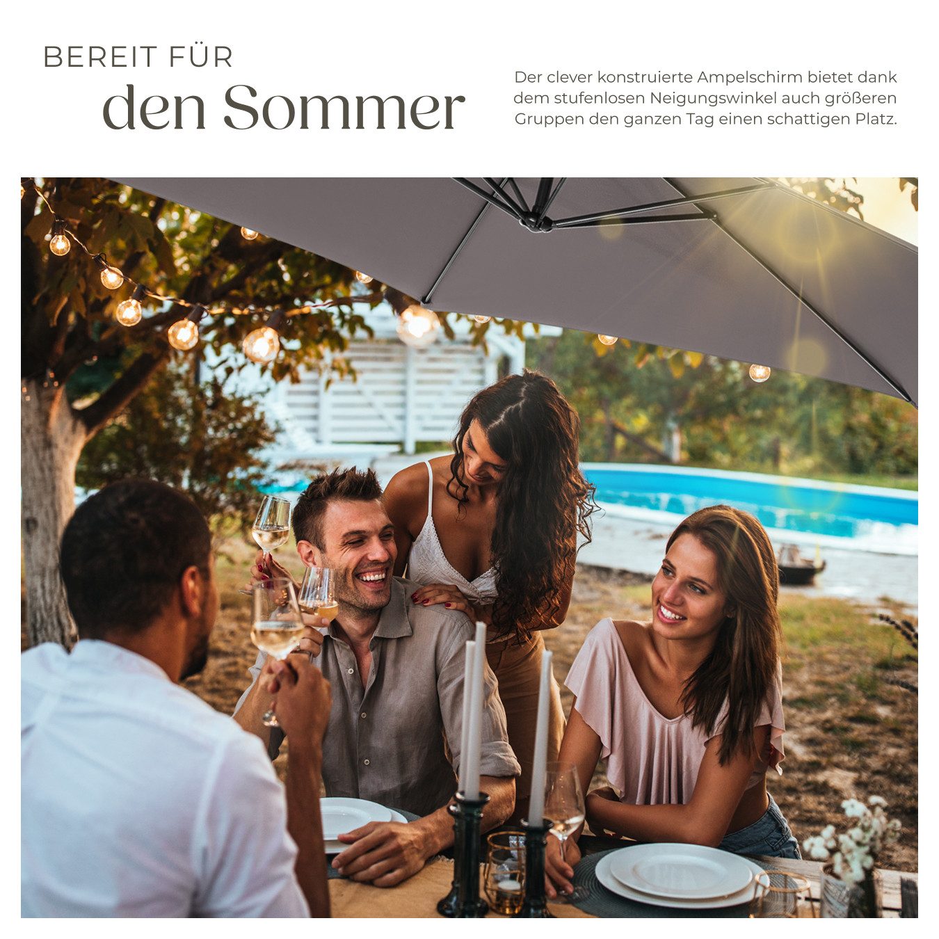 tectake Ampelschirm Sonnenschirm mit Winddach, Inkl. Schutzhülle, Ø 350 cm, Balkonschirm Ciccio, für Außen in Grau, leichtgängiger Mechanismus, stufenlos verstellbarer Neigungswinkel