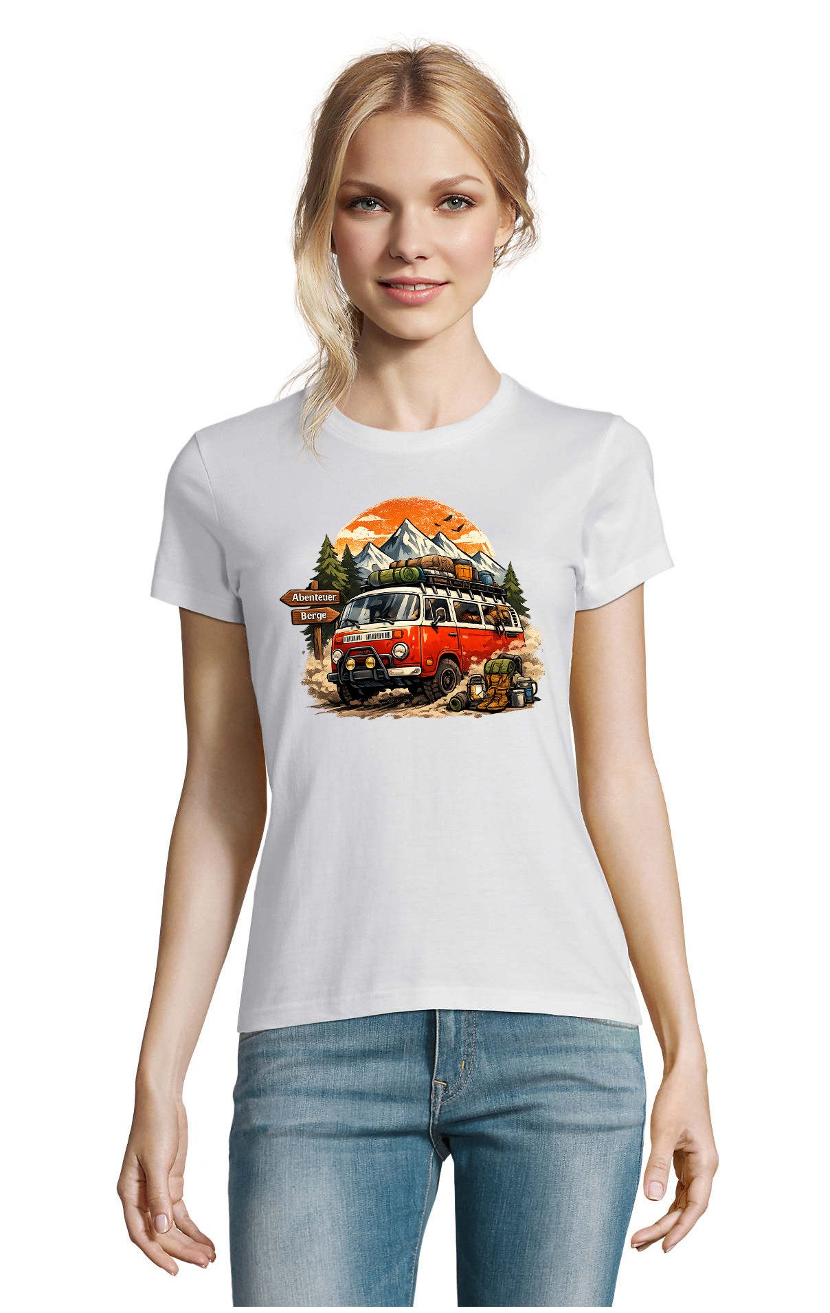 T-Shirt BusCamper Damen T-Shirt Van Reise Berg Motiv Baumwolle Print Abenteue