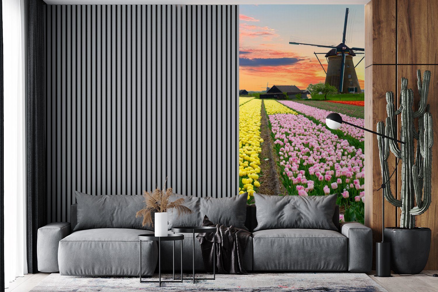 (2 Matt, Fototapete für - bedruckt, - Vliestapete St), MuchoWow - Windmühle Tulpen Küche, Schlafzimmer Fototapete Blumen Wohnzimmer Niederlande,