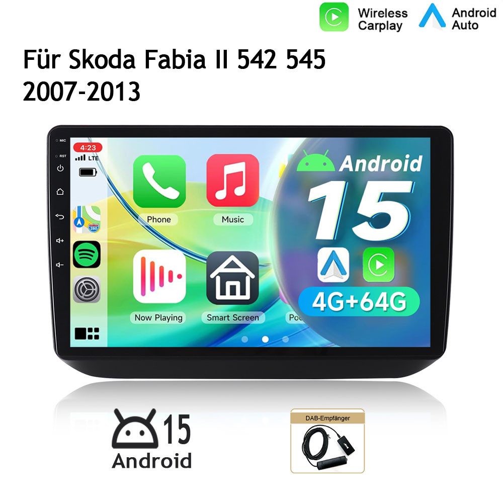 A-Sure 10.1 Zoll Für Skoda Fabia 2 II 2007-2013 Carplay 8-Core Android 15 GPS Autoradio (Digitalradio (DAB), FM, AM, 1280*800 IPS Screen CPU, RDS, DSP, GPS, SWC, UI Theme, Siri, Mirrorlink, Google play, Netflix, Youtube, Calendar, TikTok)
