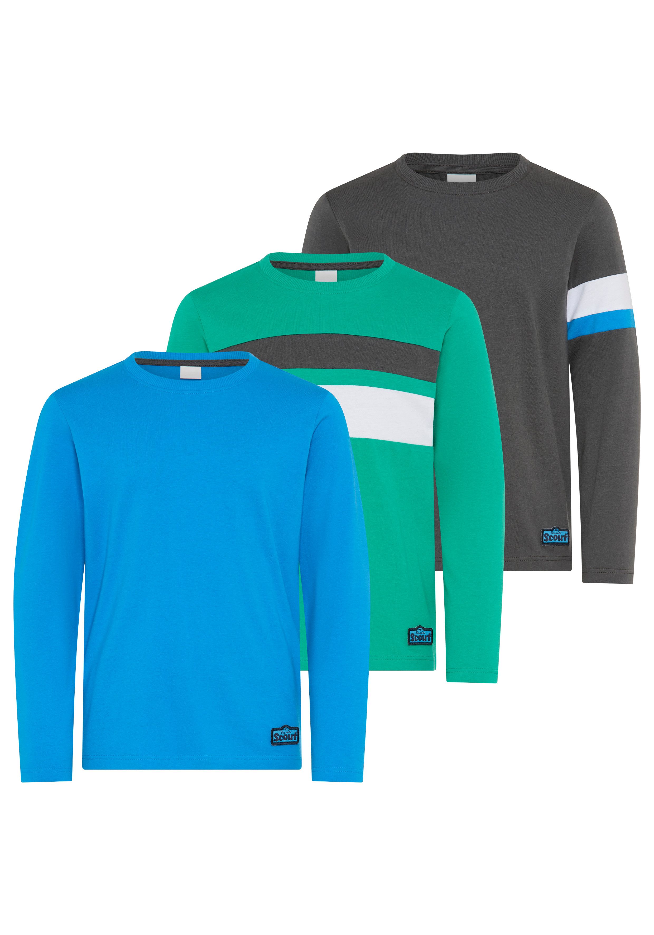 Scout Langarmshirt 3er Packung Shirt mit Kontrast-Einsätzen (Packung, 3) Hüftlange Schnittform, Langarm, modischer Stil