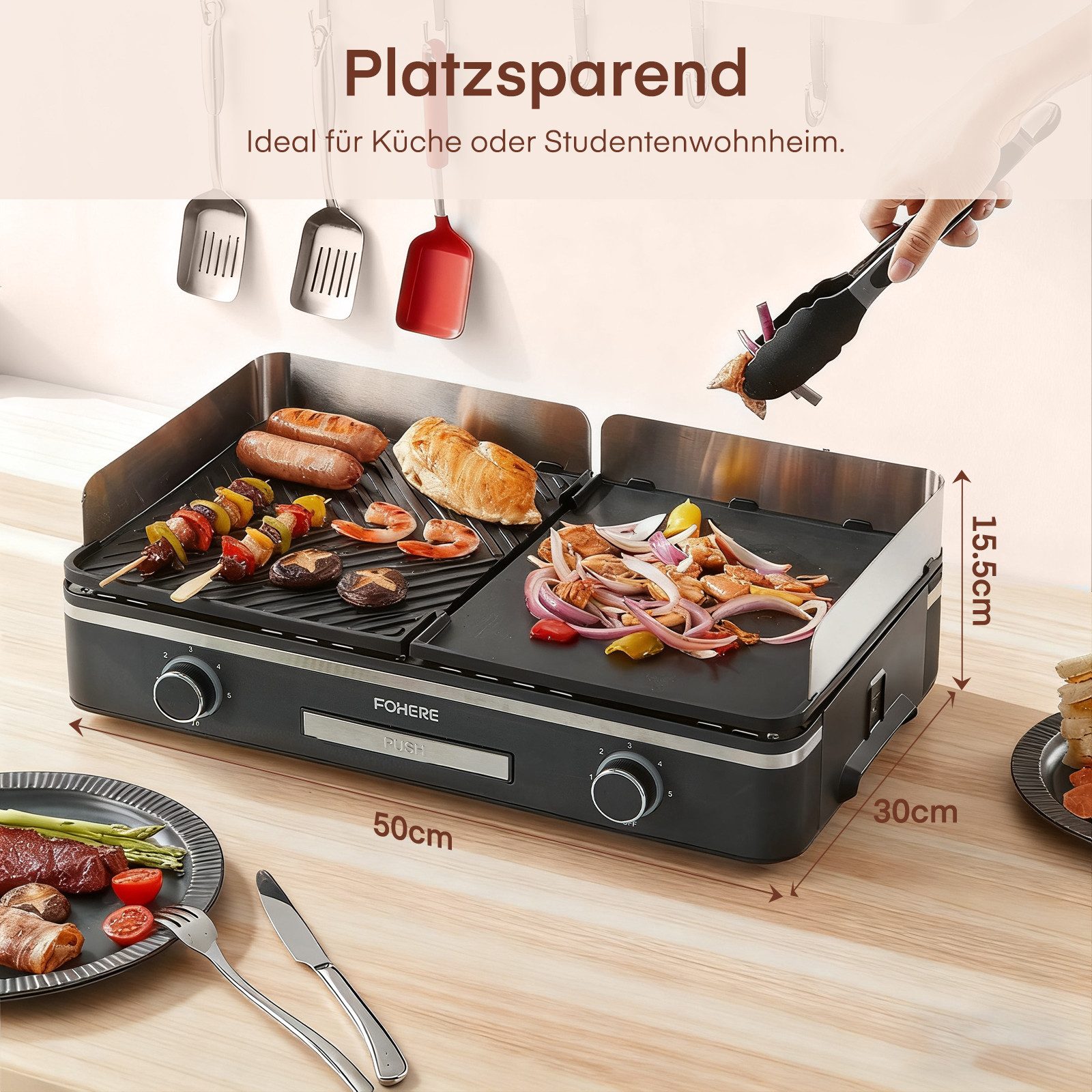 FOHERE Elektrogrill 2400W elektrisch Tischgrill mt Duo-Grill-System, 2400 W, 5-Stufige Temperaturkontrolle, Schwarz