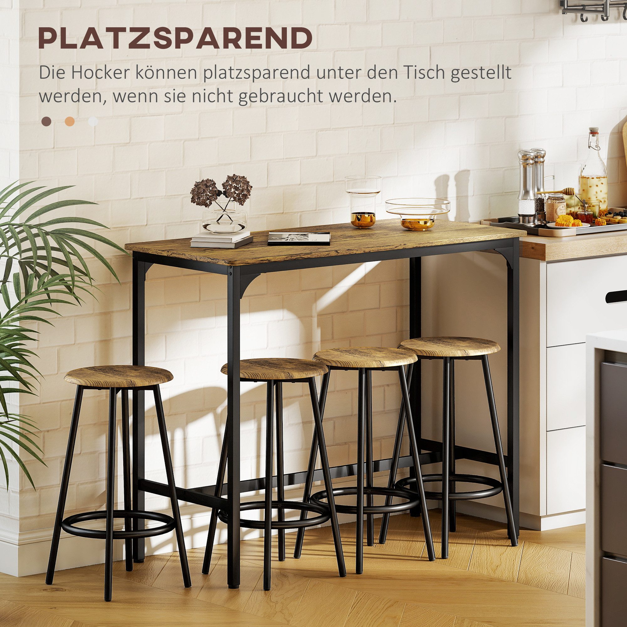 HOMCOM Bargruppe Tresentisch mit Fußstütze, (Set, 1 Tisch, 4 Stühle), Hocker unter Tisch verstaubar – Bild 5 von 5