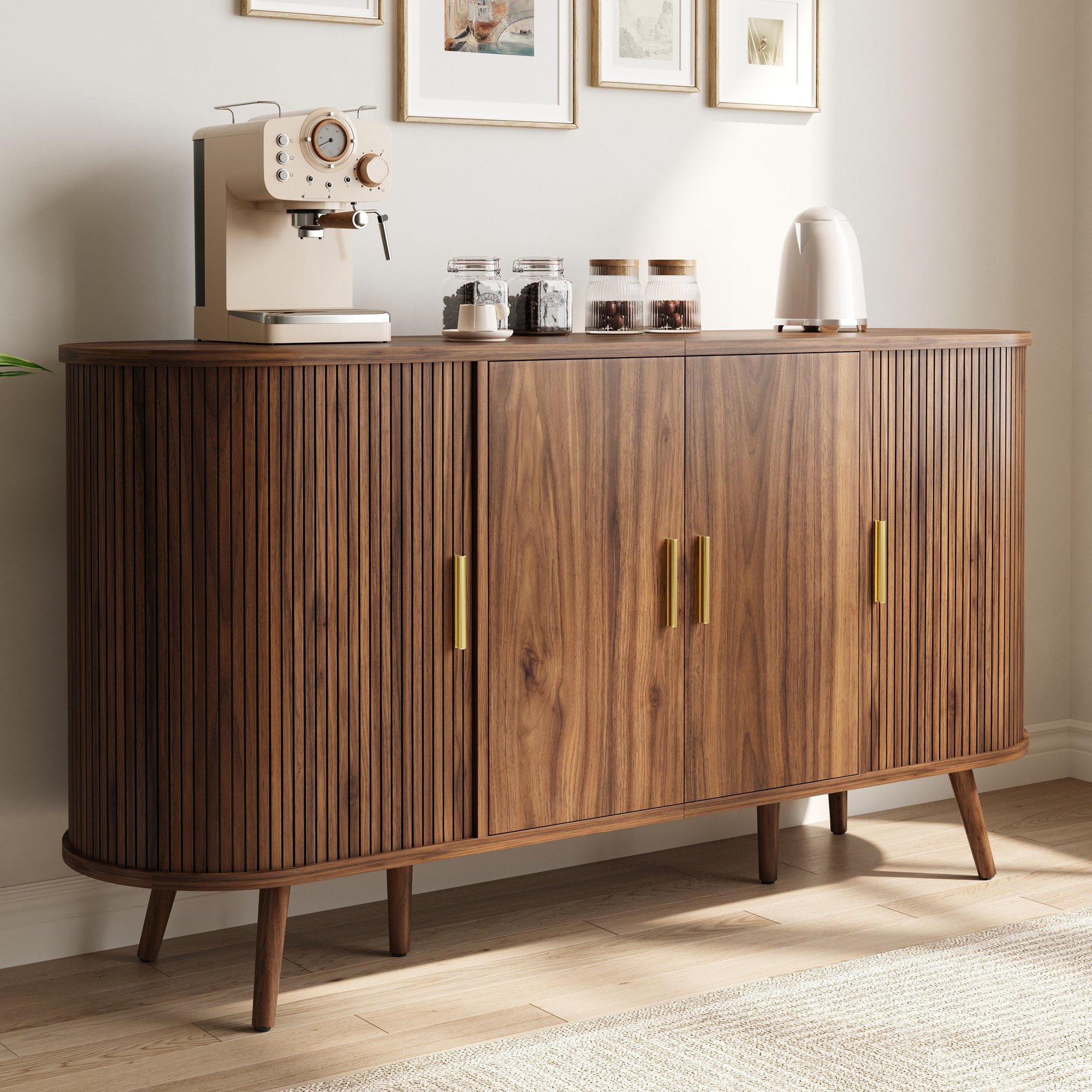 Merax Sideboard mit vertikaler Rillenstruktur und gebogenem Design (150 L x 40 B x 79 H cm, 1 St., Wohnzimmerschrank Aufbewahrungsbuffet Esszimmerschrank), Kommde mit Schiebetüren, Metallgriffen, Massivholzfüßen & Stauraum