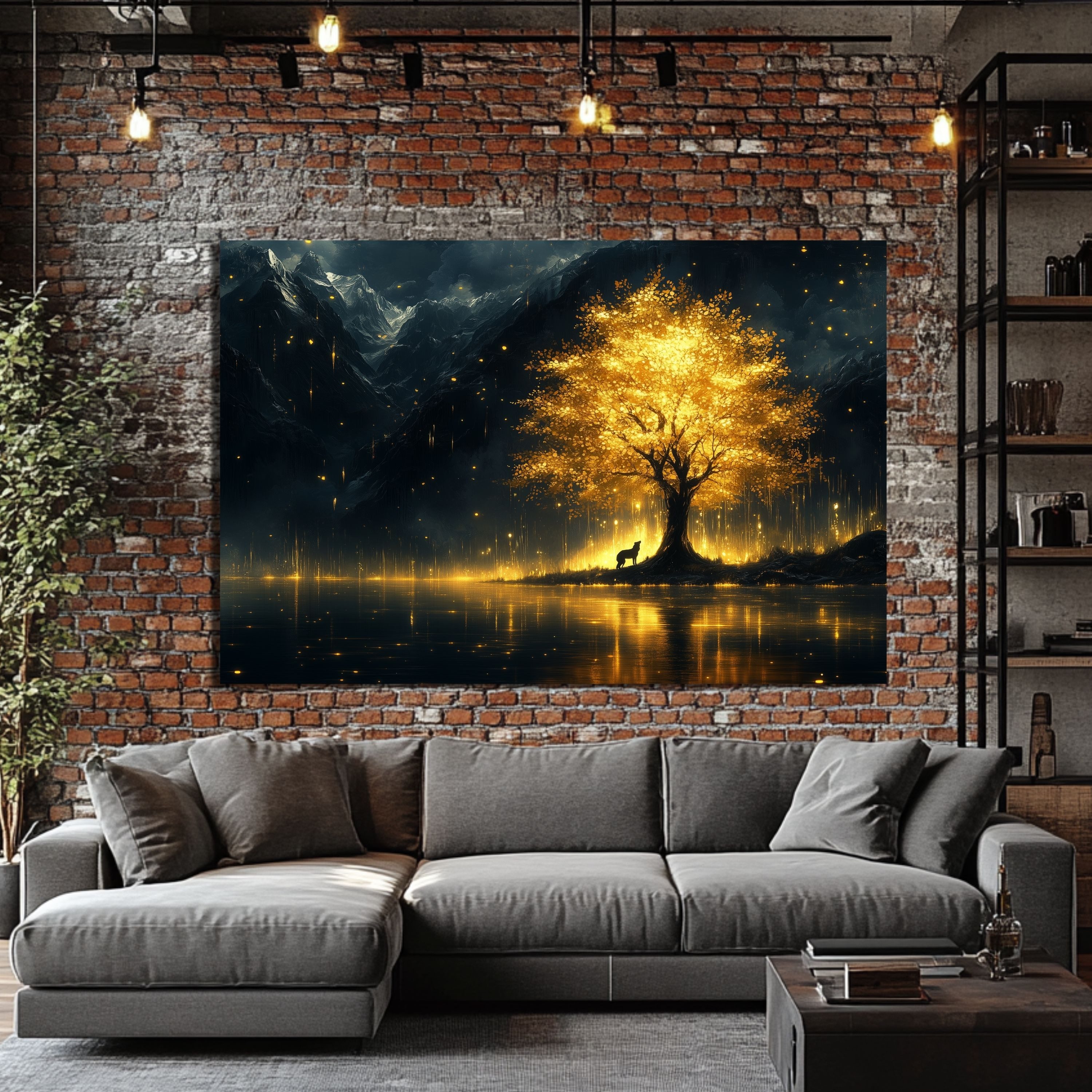 DARO Design Leinwandbild Modern Abstrakt Wandbilder XXL Wandbild Wand Deko Leinwand Bilder, (Wolf am goldenen Baum - Bild groß Wohnzimmer Esszimmer Schlafzimmer – Bild 5 von 5