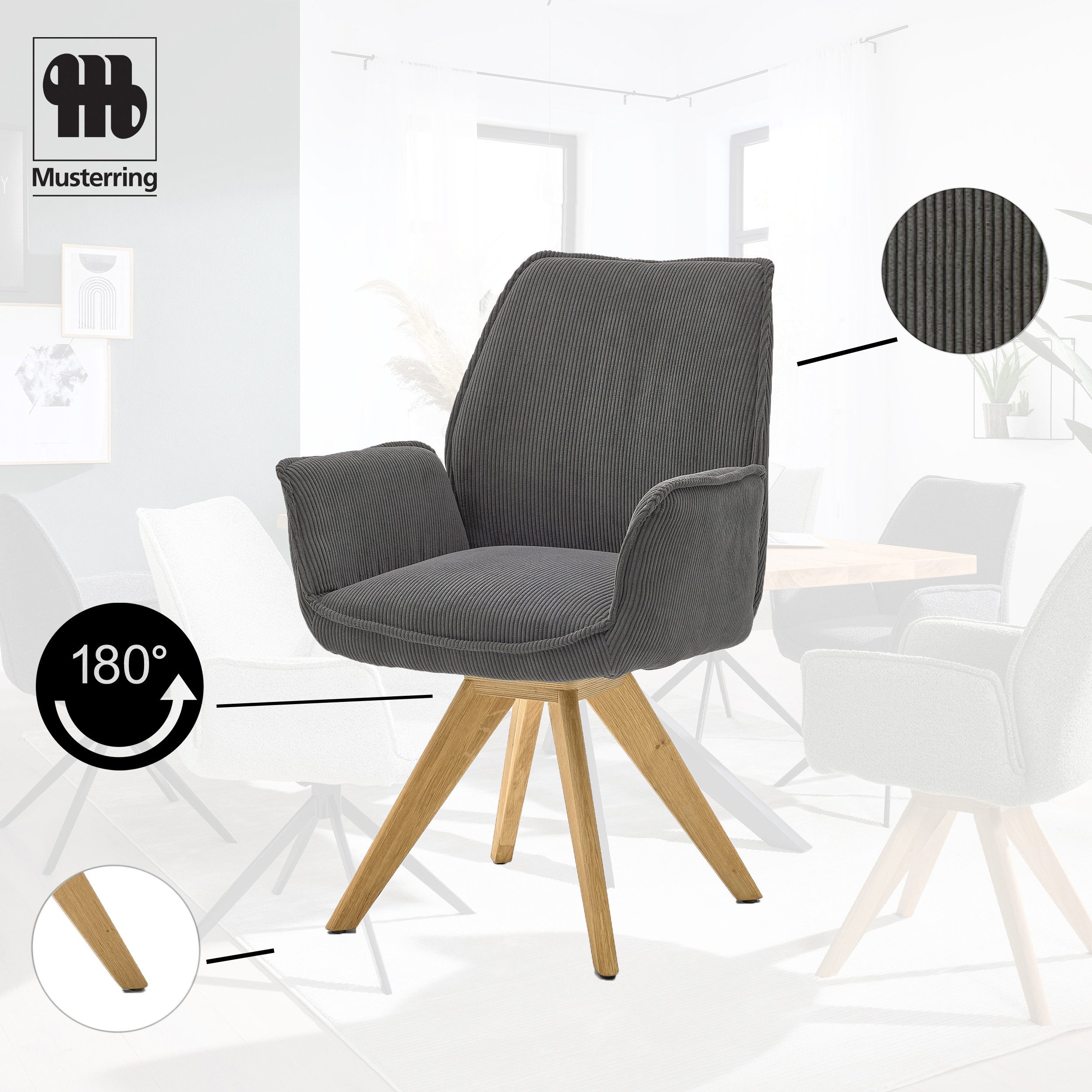 Musterring Esszimmerstuhl Tiama (Set, 2 St), Stativgestell Eiche massiv, 180° drehbar, Stoff Cord oder Bouclé