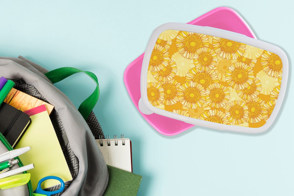 MuchoWow Lunchbox Sonnenblume Snackbox, Mädchen, Kinder, Blumen, - Kunststoff, für Brotdose Sommer Erwachsene, - Brotbox rosa Muster - (2-tlg), Kunststoff