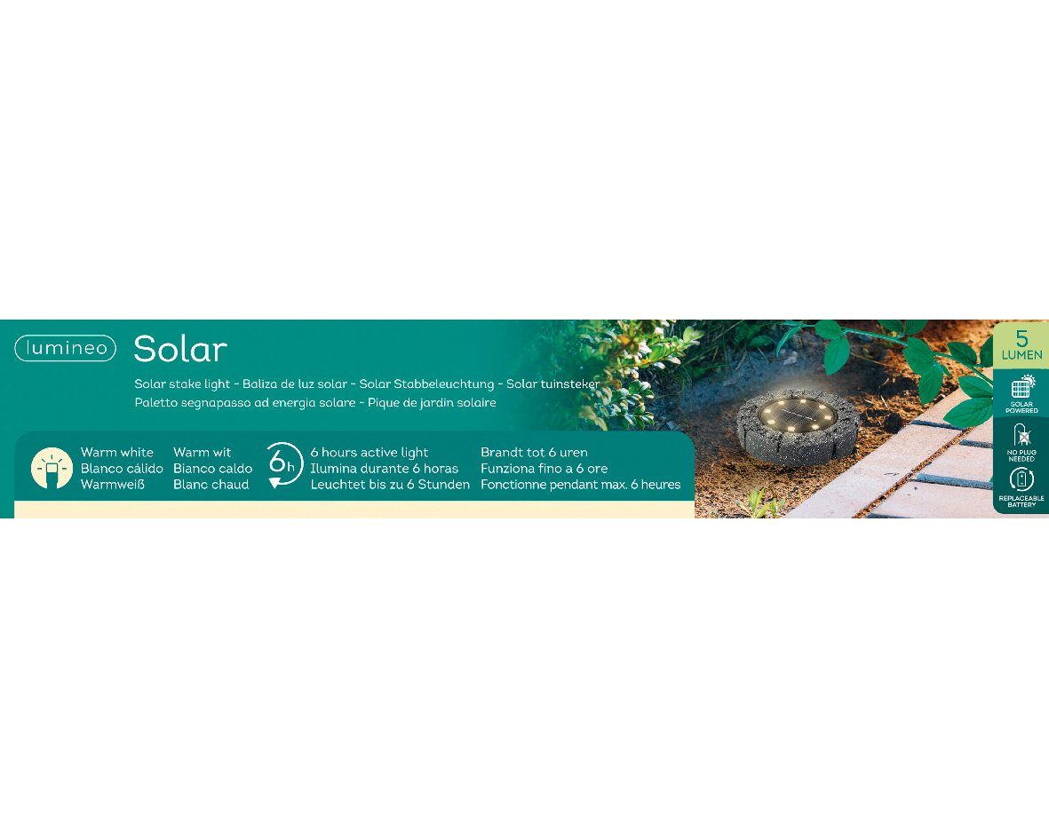 Lumineo LED Solarleuchte, warmweiß, LED Solarleuchte Bodenleuchte Polyresin 11cm Dauerbetrieb 6h warmweiß