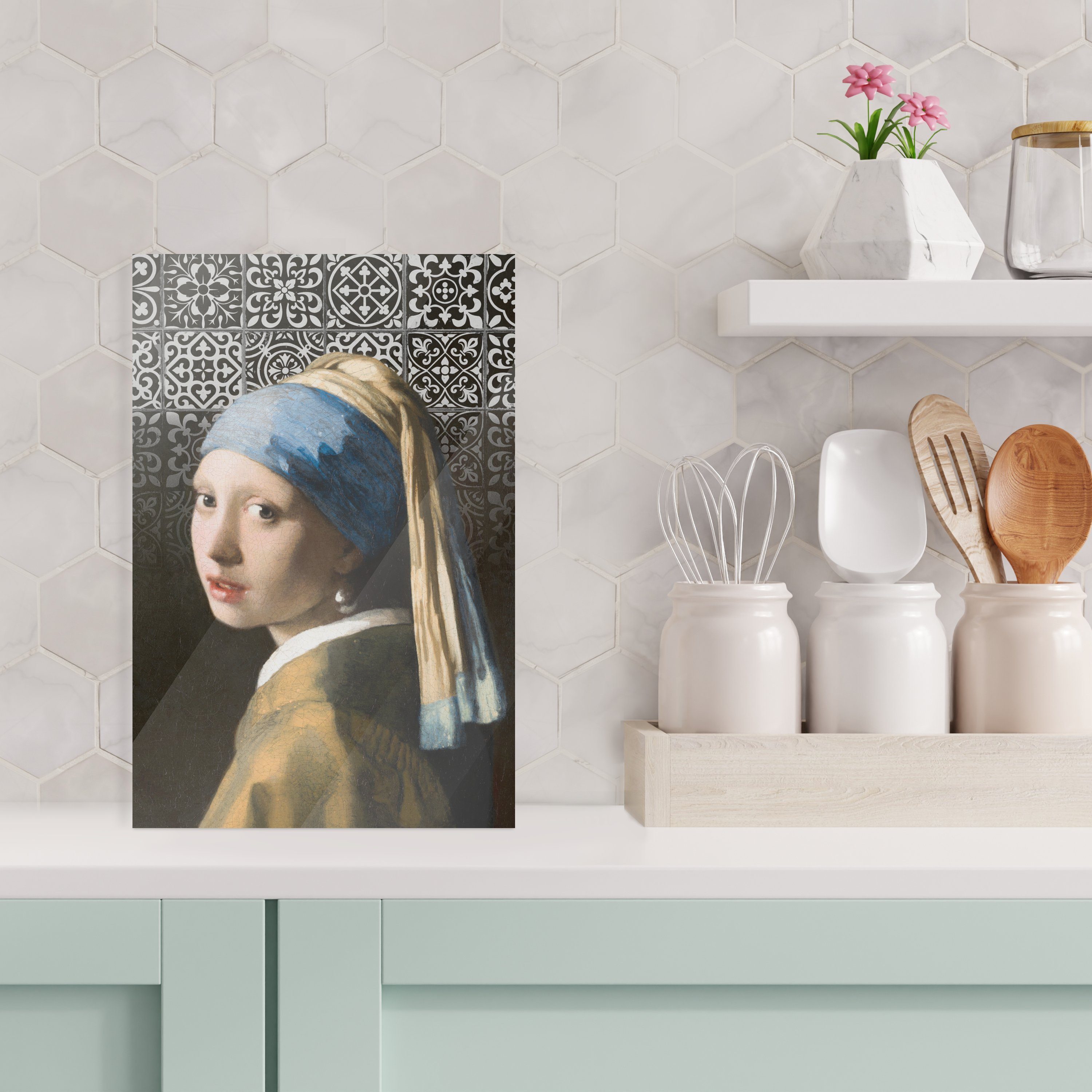 auf mit Vermeer auf - - (1 Perlenohrring Bilder Acrylglasbild Mädchen Blau, St), - Wanddekoration Foto MuchoWow Glas Wandbild - Glasbilder Glas - Johannes Delfter