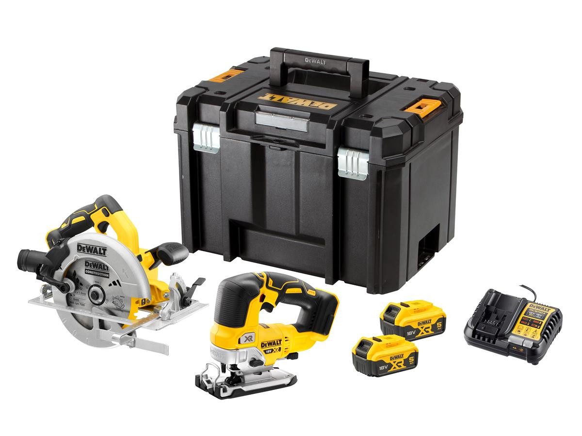 DeWalt Handkreissäge & Stichsäge- Set (2-tlg), 18V, Akku-Kombopack mit 2x 5 Ah Akku & Schnellladegerät im TSTAK-Koffer VI