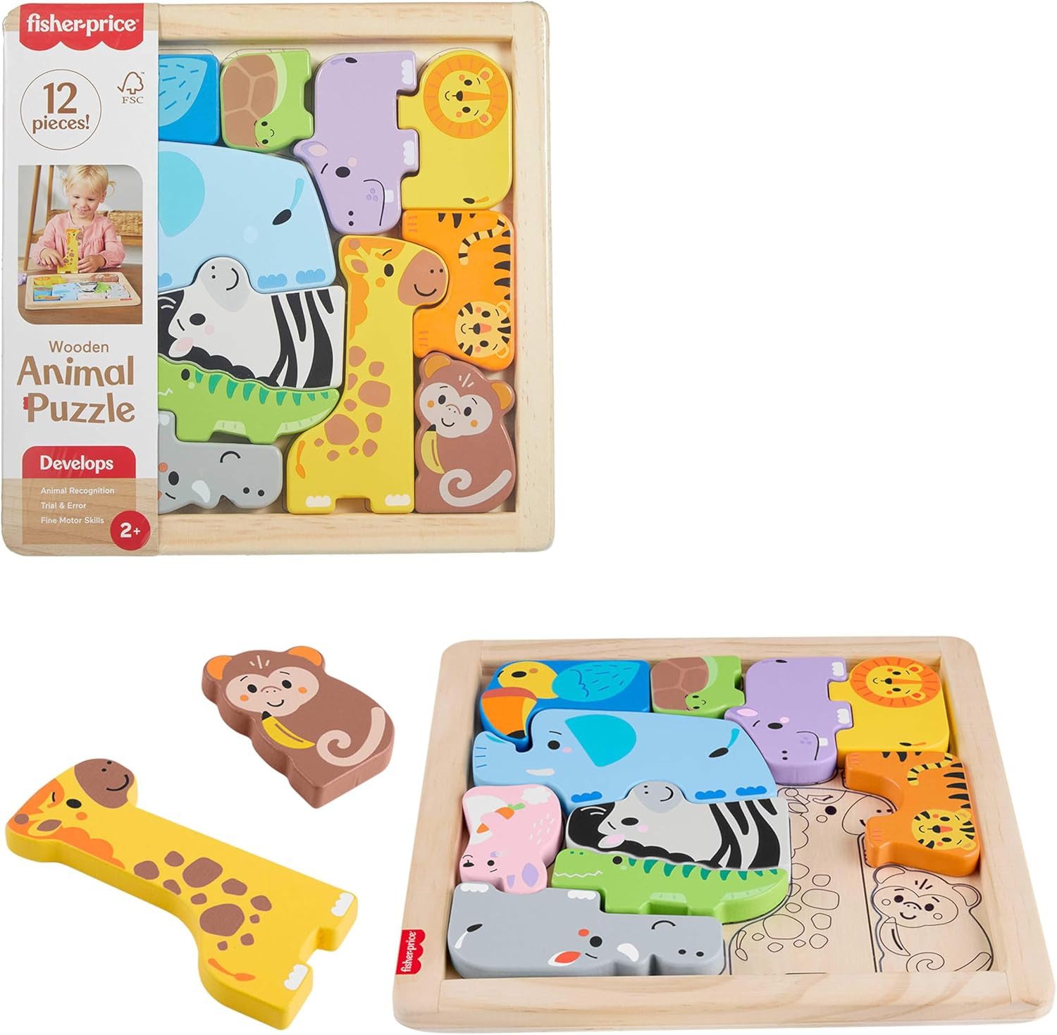 Fisher-Price® Lernspielzeug Fisher-Price 2-in-1-Tierwelt Holz Sortieren von Formen Puzzle 2+ JFG10
