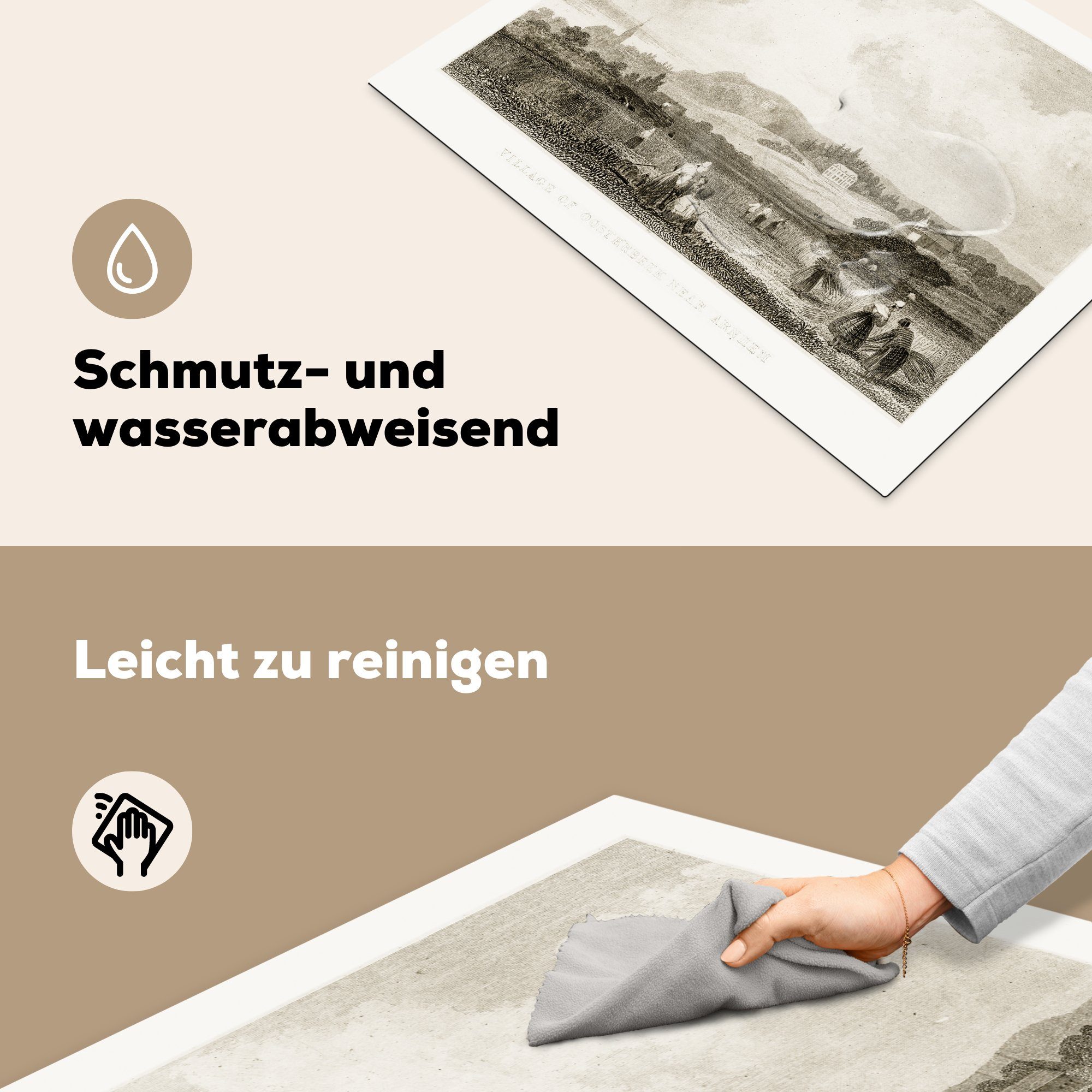 nutzbar, Ceranfeldabdeckung Schwarz-Weiß-Illustration Vinyl, Arnheim, Mobile cm, Arbeitsfläche MuchoWow von 70x52 Herdblende-/Abdeckplatte tlg), außerhalb eines (1 Dorfes