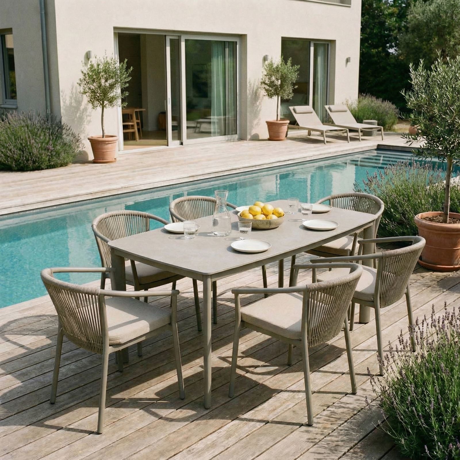IDIMEX Garten-Essgruppe TAVOLO, Gartenmöbel Set mit Keramik-Platte 180x90cm Stühle mit Rope Champagner