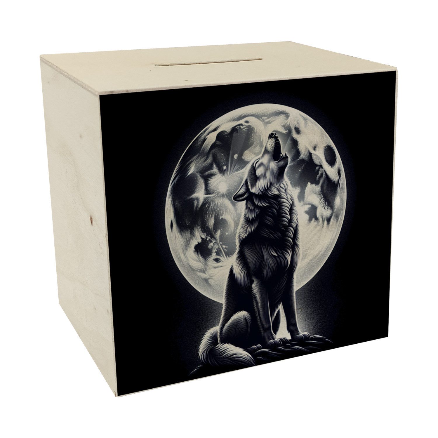 speecheese Spardose Sitzender Wolf im Mondschein Spardose aus Holz günstig online kaufen