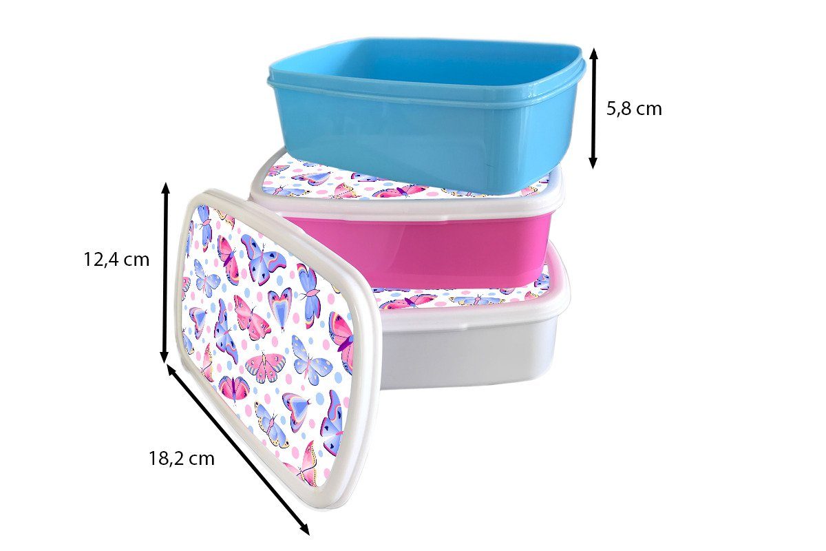 MuchoWow Lunchbox Kunststoff, Schmetterlinge Punkte Brotbox für Erwachsene, Muster, - (2-tlg), Kinder, Snackbox, Brotdose Kunststoff Mädchen, - rosa