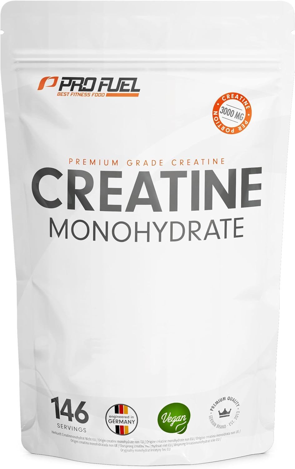 ProFuel Creatin Monohydrat Pulver 1kg / 1000g reines Kreatin Monohydrat Pulver, 1 er Mikronisierte Qualität für gute Löslichkeit à 500 g, ohne Zusätze 100% vegan