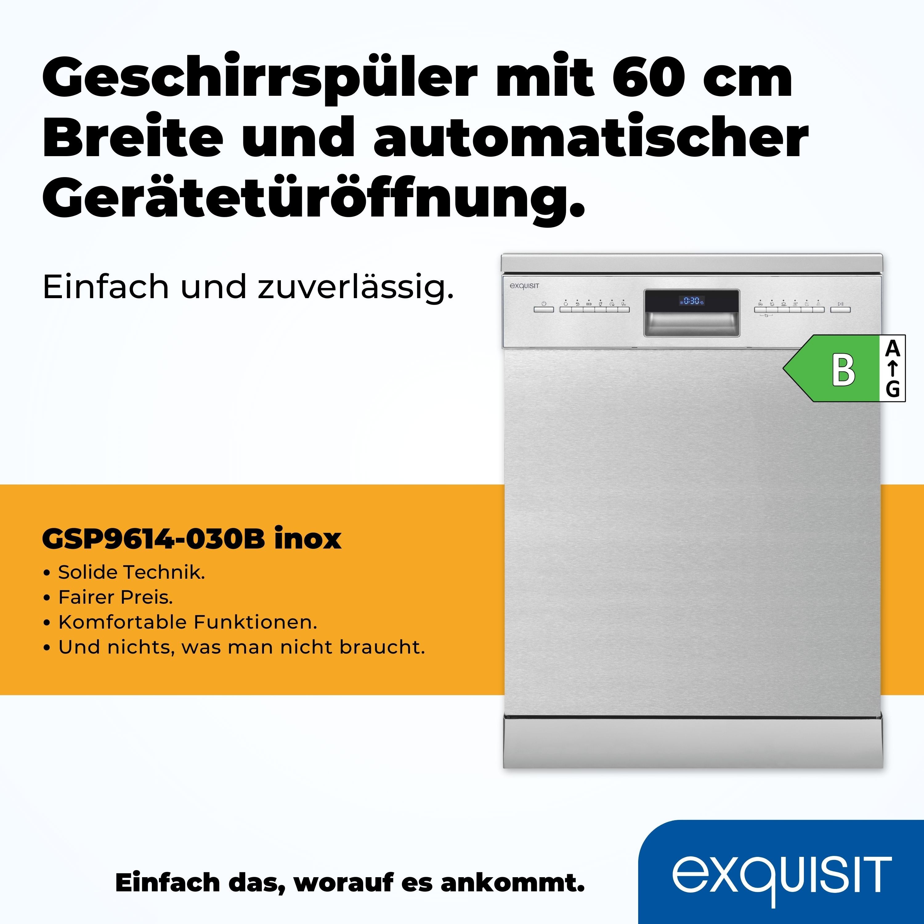 exquisit Standgeschirrspüler GSP9614-030B, 14 Maßgedecke, Stand-/Unterbaugerät, 14 Maßgedecke – sparsam mit 6 Programmen & LED