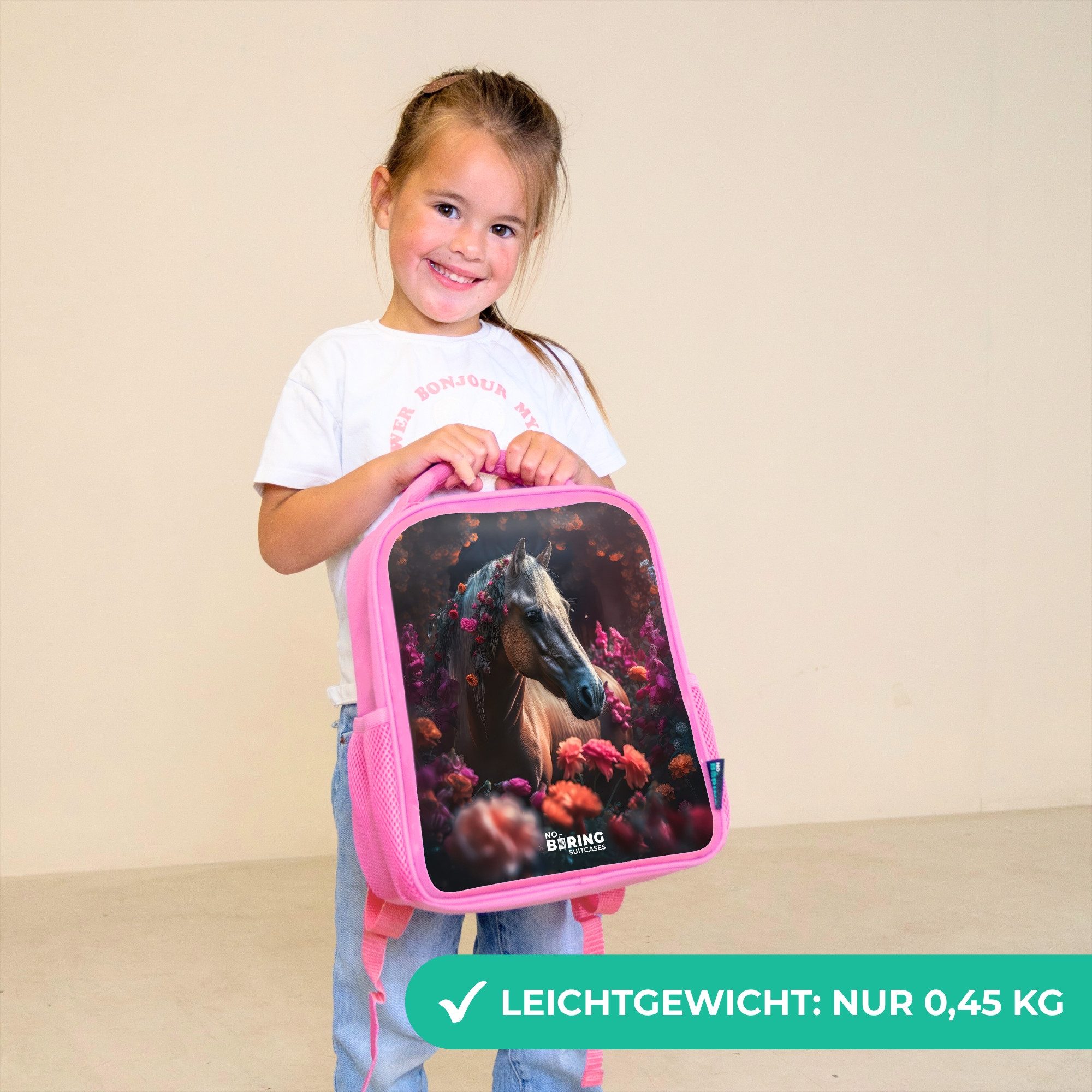 NoBoringSuitcases.com© Rucksack Rosa - Lila - Pferd - Blumen, Kinderrucksack, Schulrucksack, Freizeitrucksack, Mädchen, Kindergarten