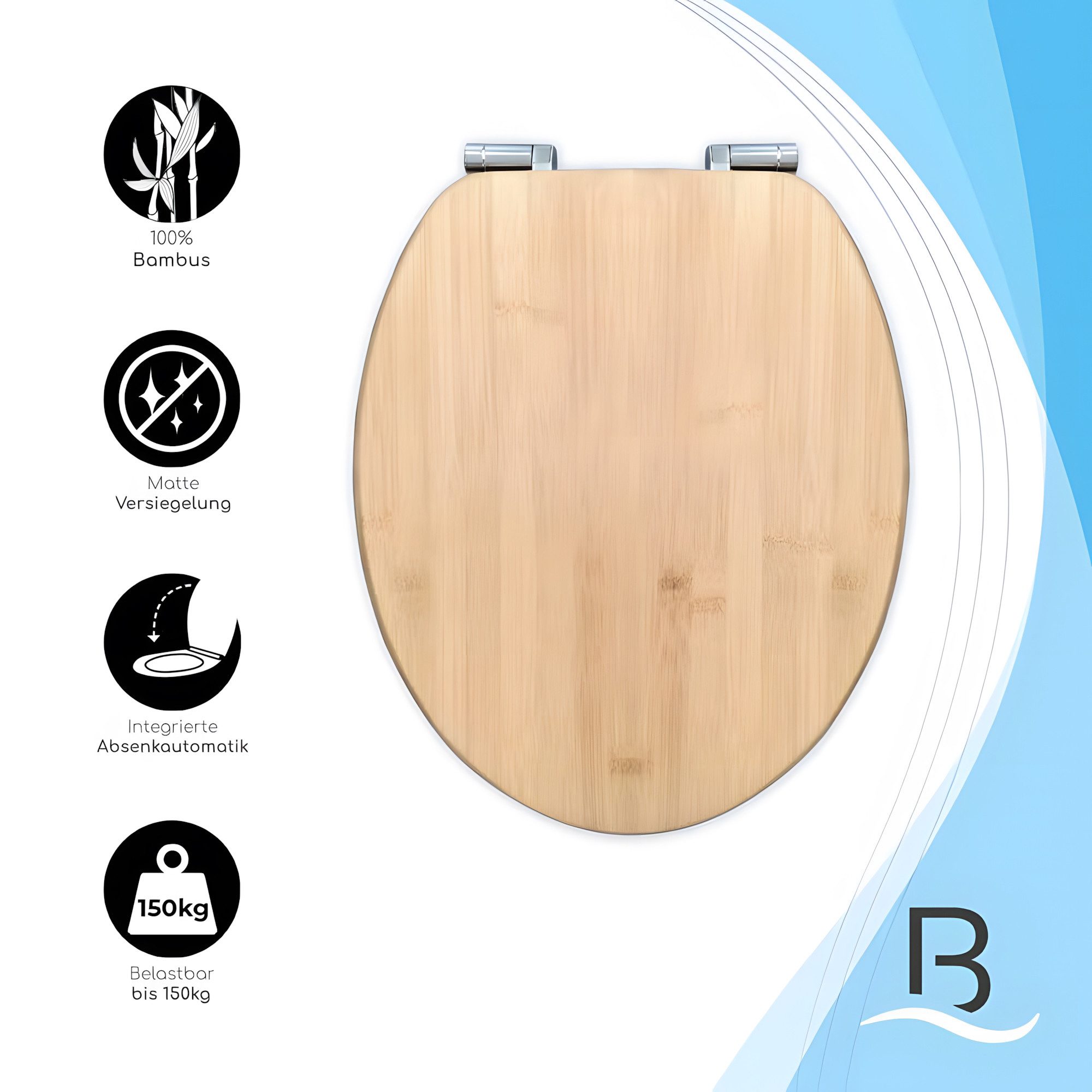Bath4U WC-Sitz WC Sitz aus Bambus 37,5x43,5cm Soft-Close Absenkautomatik bis 150kg, Nachhaltiger Toilettensitz 16cm Scharnierabstand Inkl. Befestigung