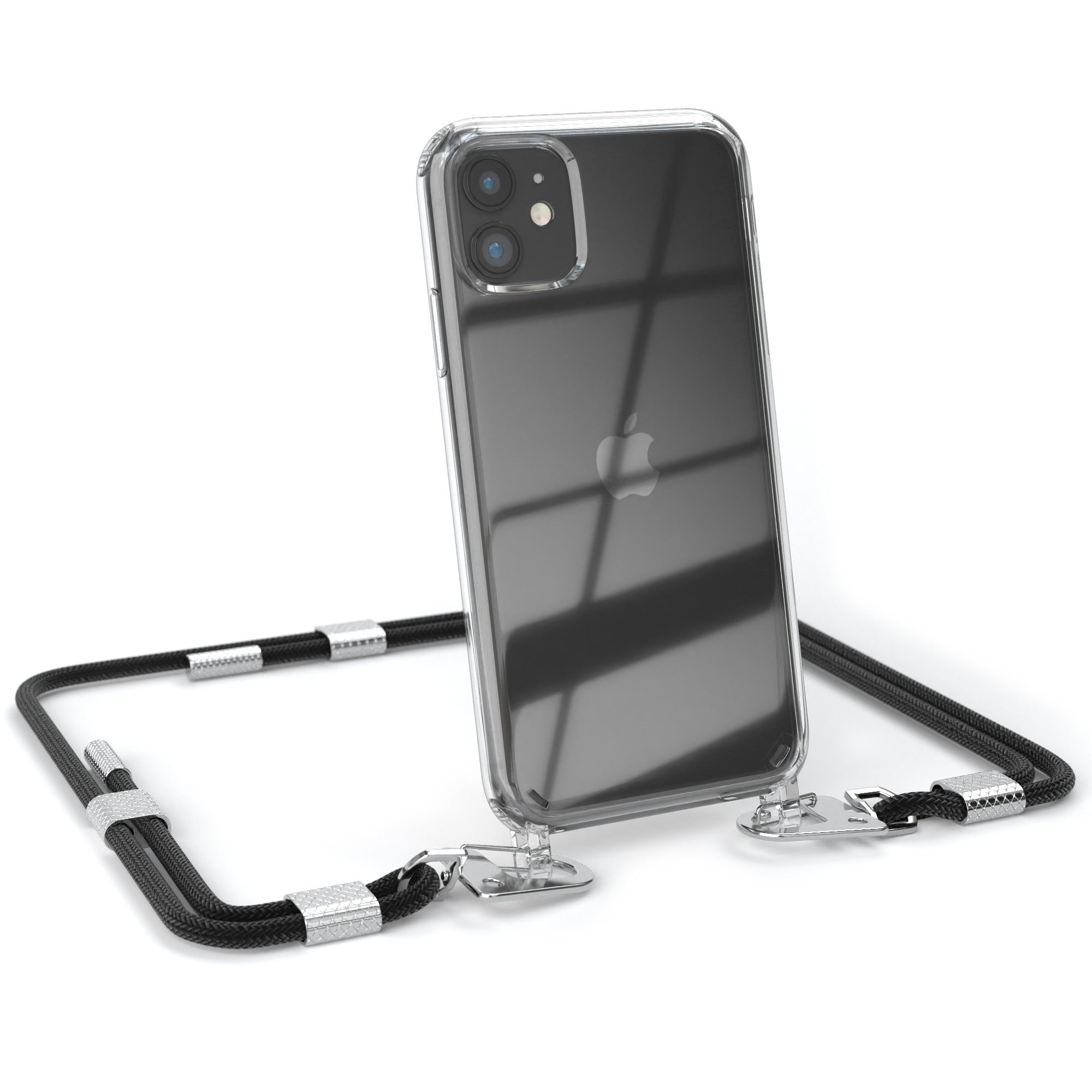 EAZY CASE Handykette Silikonhülle mit runder Kette für Apple iPhone 11 6,1 Zoll, Ketten Hülle Transparent Case Kettenhülle abnehmbare Kordel Schwarz
