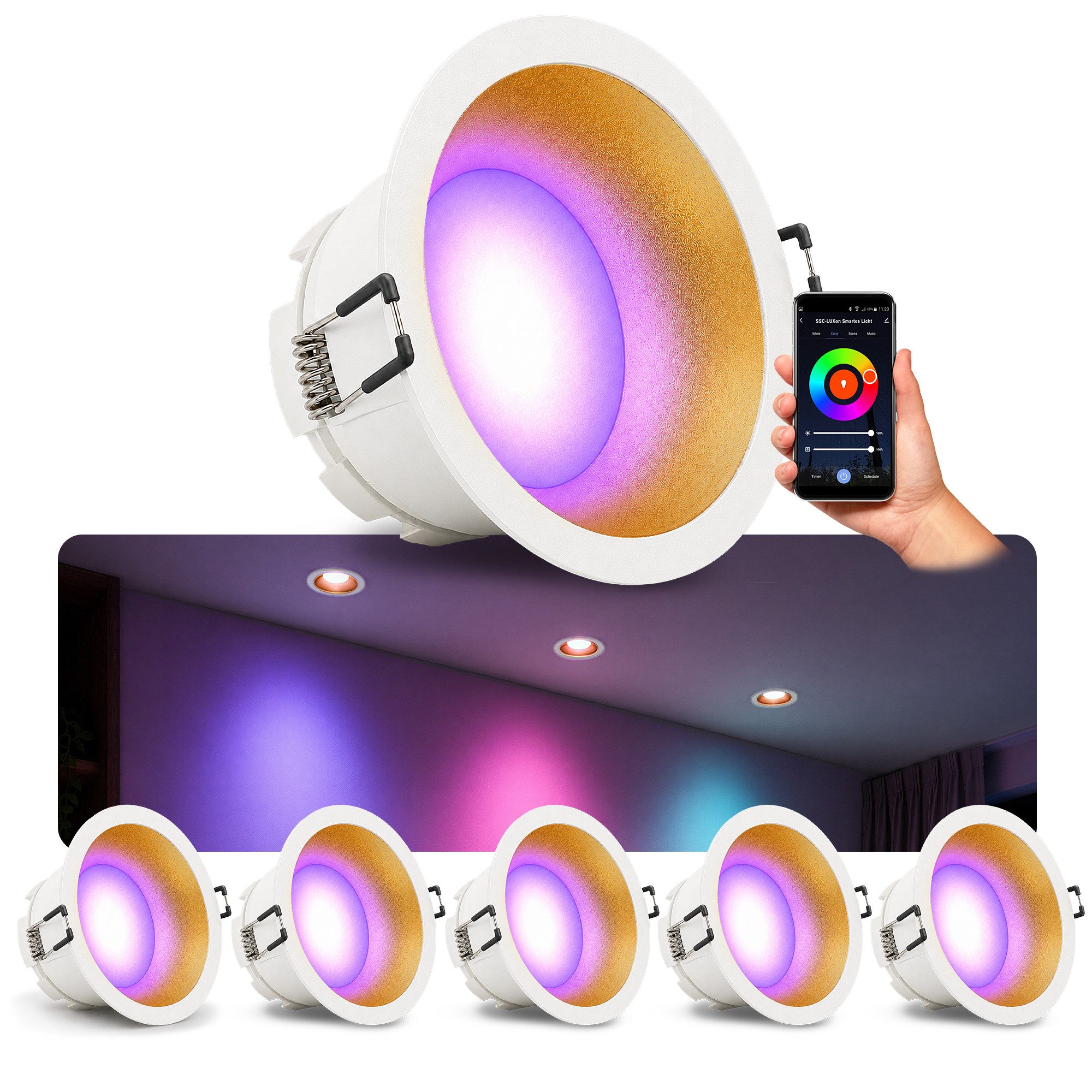 SSC-LUXon LED Einbaustrahler GEXIA Smarte Einbaustrahler weiß gold Ø11cm inkl. GX53 LED 6W RGBW, Smart
