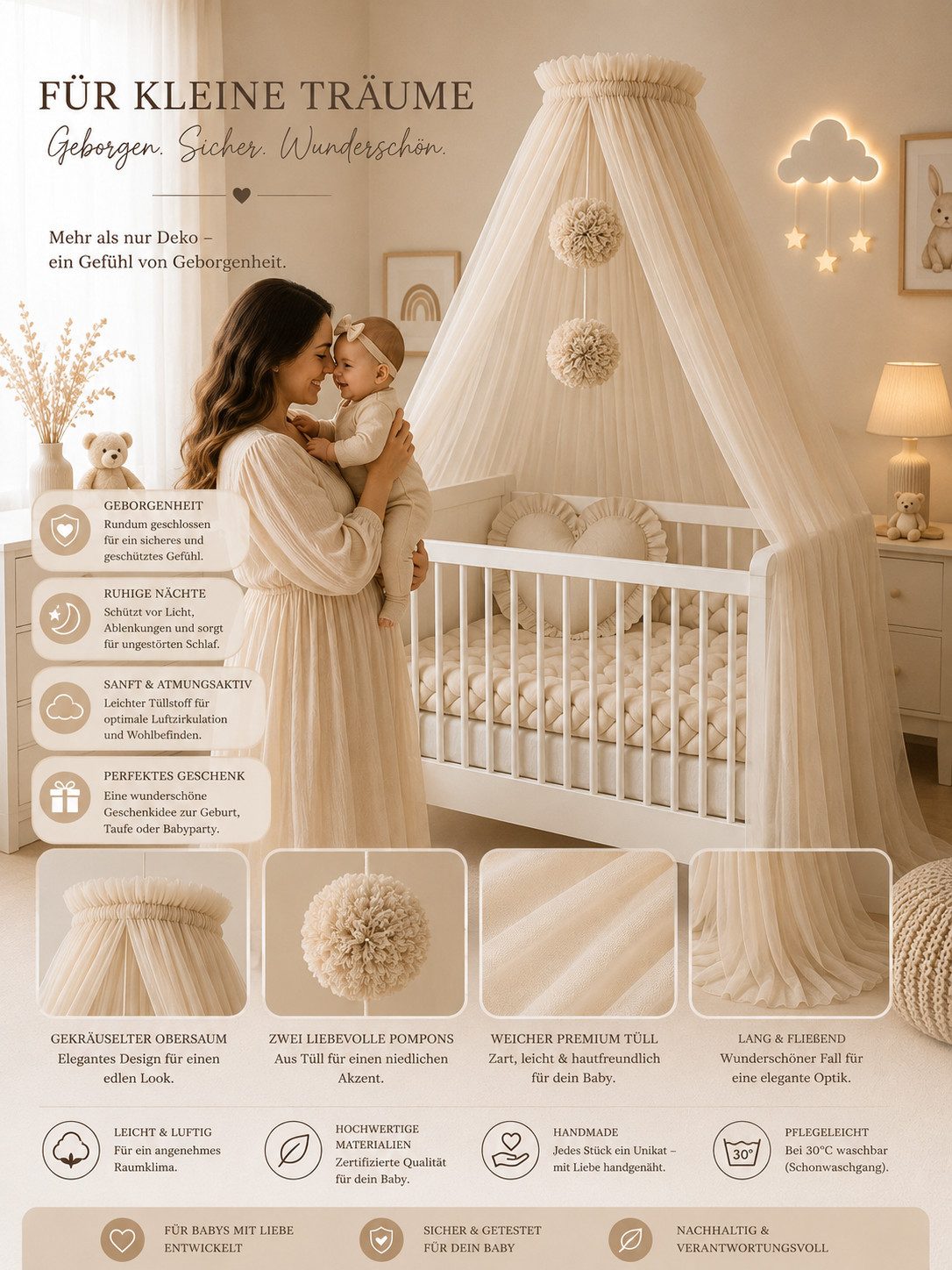 Baby Fancyroom Betthimmel Betthimmel aus 12 Meter Tüll aus 1. Klasse für Kinderbett Gitterbett, Himmel für Babybett Kinderbett