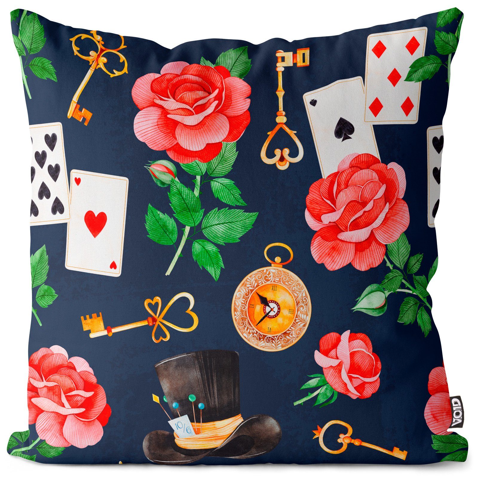 Black-Jack Blätter Stück), Blumen-Muster Kissenbezug, (1 Rose Alice Schlüssel im Poker VOID Hut-Macher Pflanzen Uhr abstrakt Sofa-Kissen Karten-Spiel