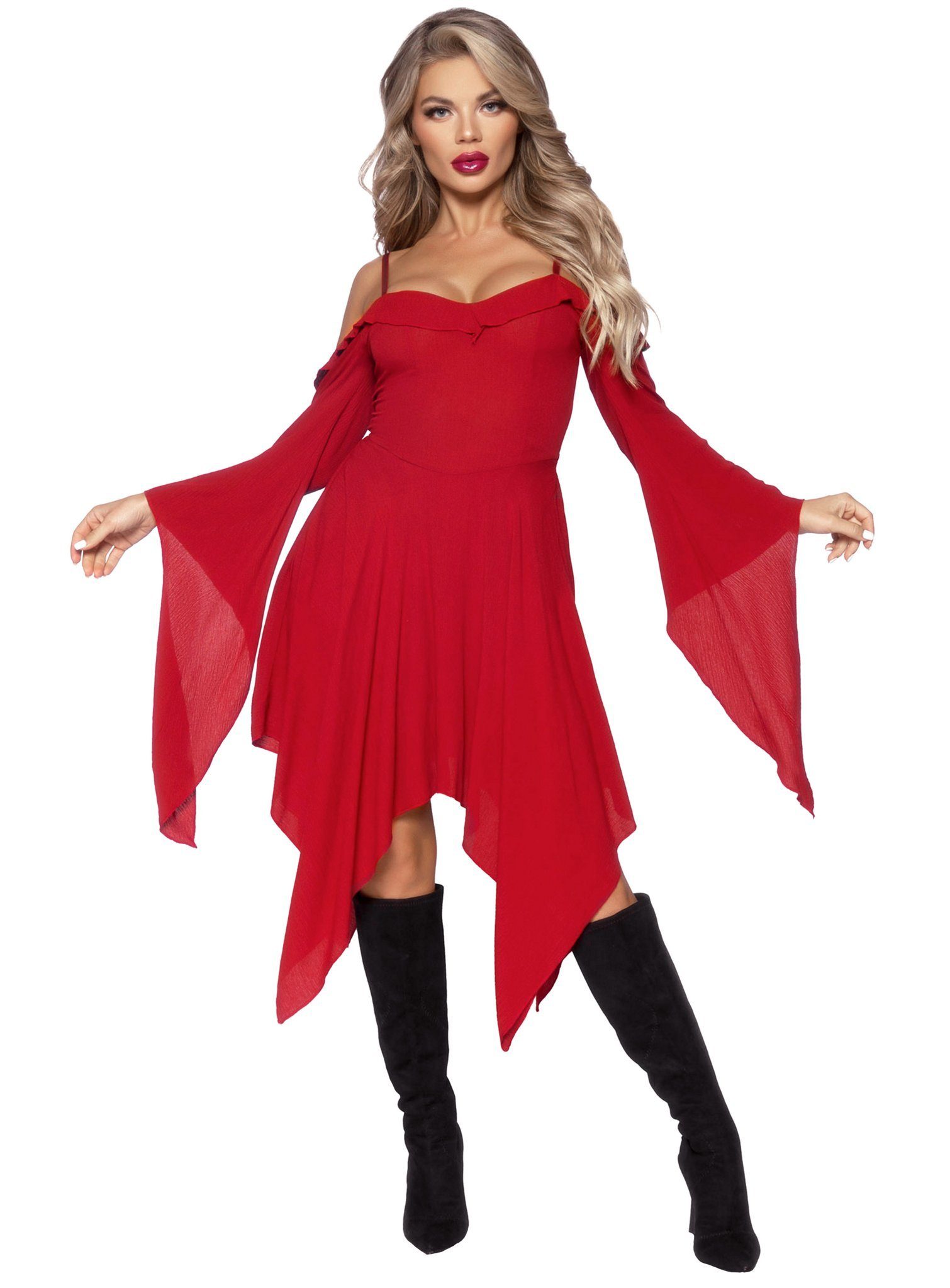 Hexen-Kostüm Dunkelrotes Trägerkleid mit Trompetenärmeln