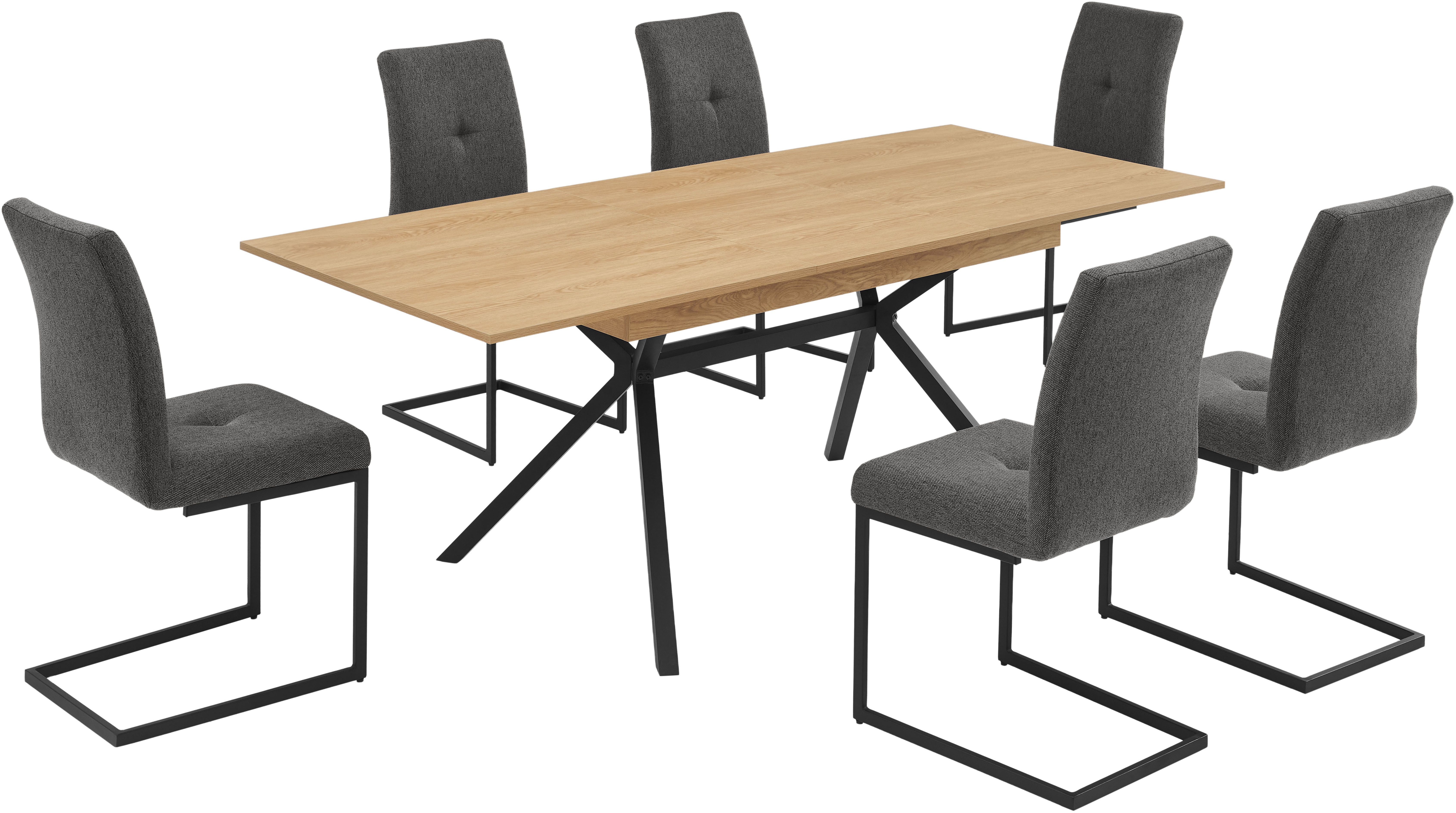 OTTO home Essgruppe Vendy, Esstisch ausziehbar plus 6 Freischwinger, (Set, 7-tlg., Esstisch ausziehbar 160 - 210 cm plus 6 Esszimmerstühle), pflegeleichte Strukturstoff-Stühle, 3D-Steppung, ausziehbarer Tisch