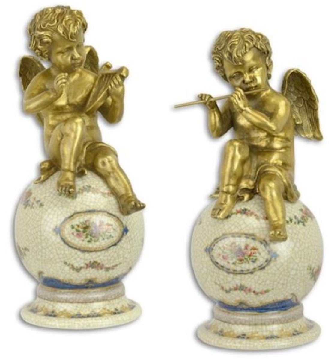 Casa Padrino Dekofigur Casa Padrino Jugendstil Dekofiguren Set Bronze Engel auf Porzellan Kugeln Mehrfarbig / Gold 10,8 x 11,1 x H. 25 cm - Barock & Jugendstil Deko Accessoires