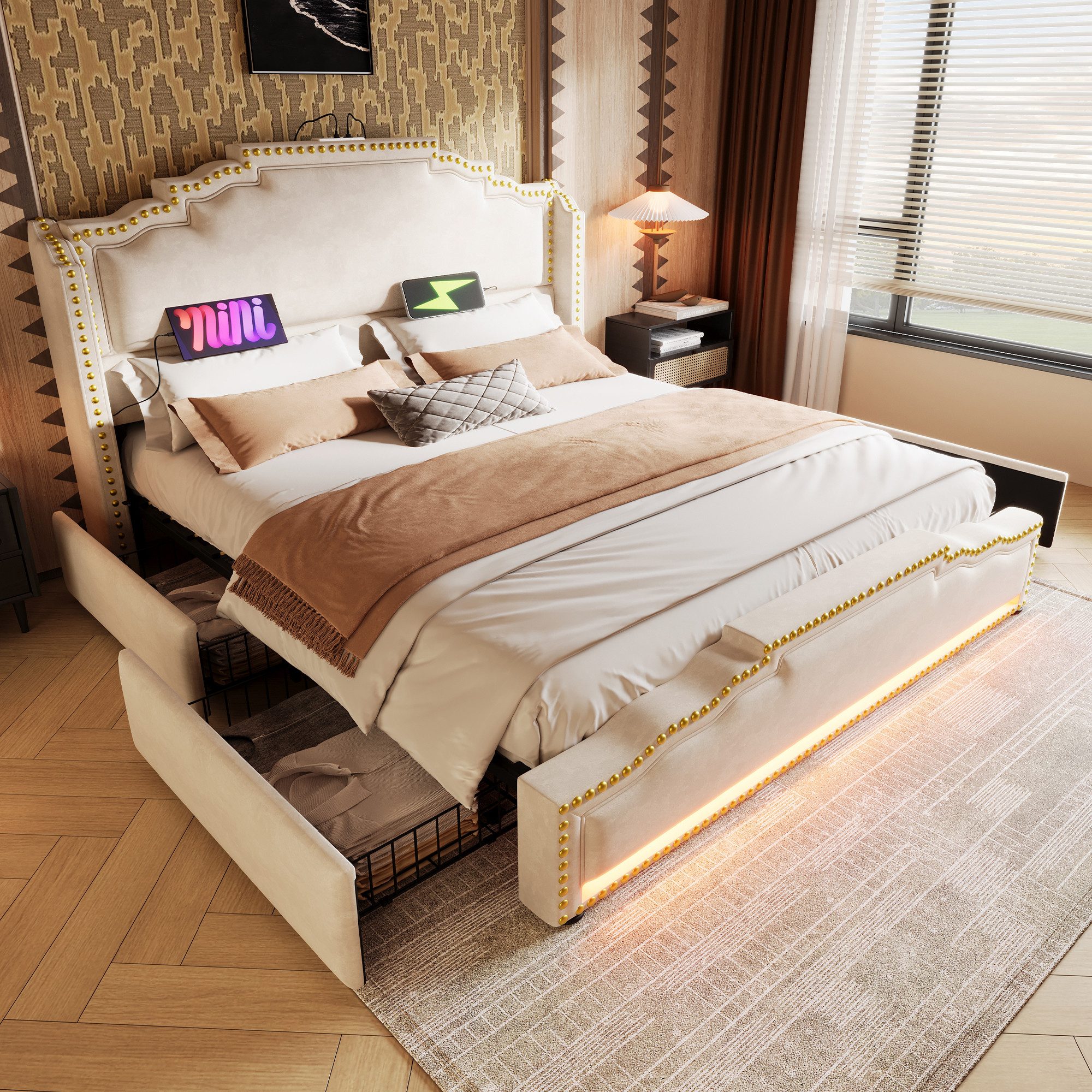 Flieks Polsterbett, Doppelbett 160x200cm mit LED-Beleuchtung günstig online kaufen