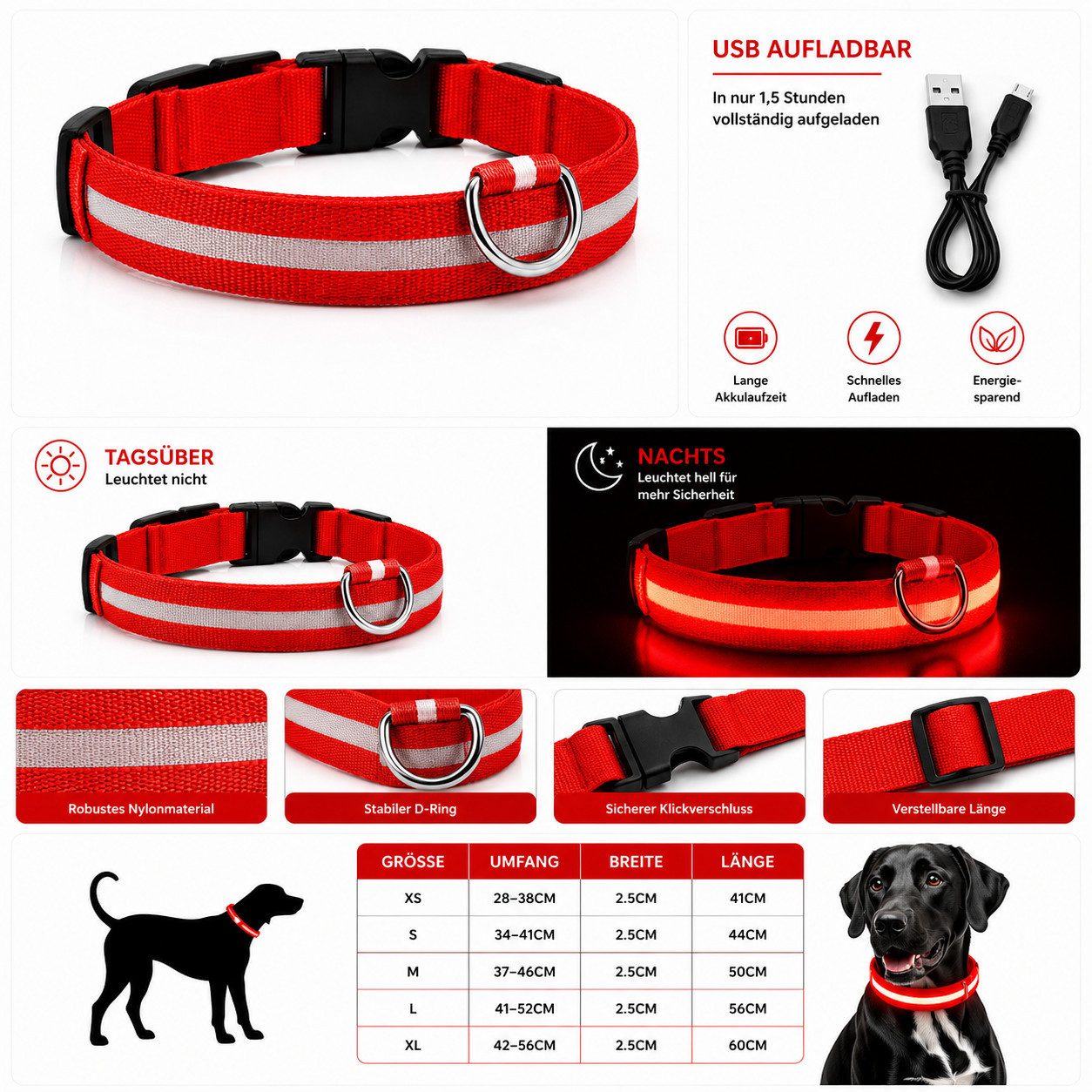 FroShop Hundehalsbandleuchte LED Hundehalsband USB aufladbar (S/M/L/XL) Leuchthalsband Nylon, LED fest integriert, verschiedene Farben, Akku Halsband reflektier – Bild 2 von 2