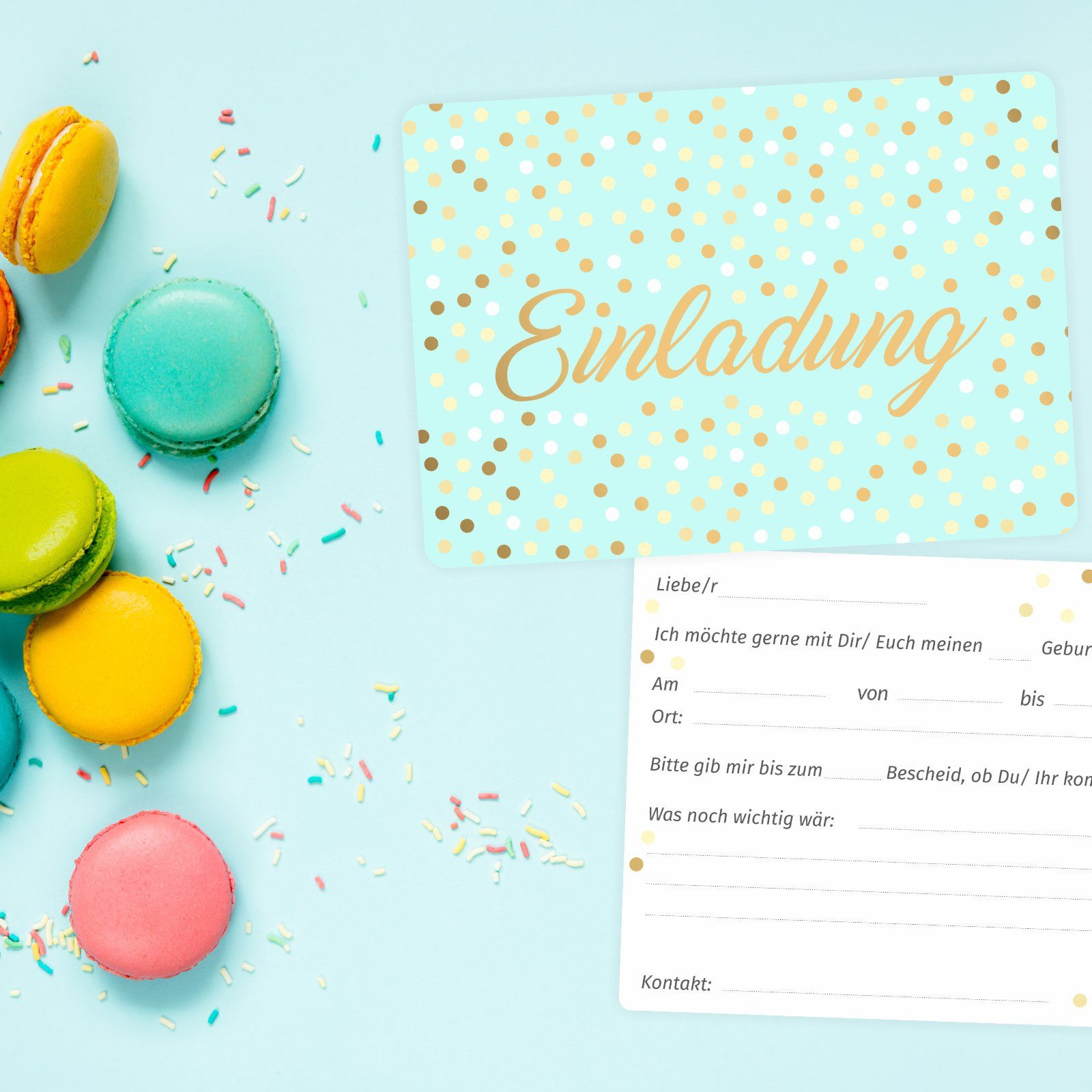 nikima Einladungskarten 10 Einladungskarten Mint mit Goldlack inkl. 10 weißen Briefumschlägen