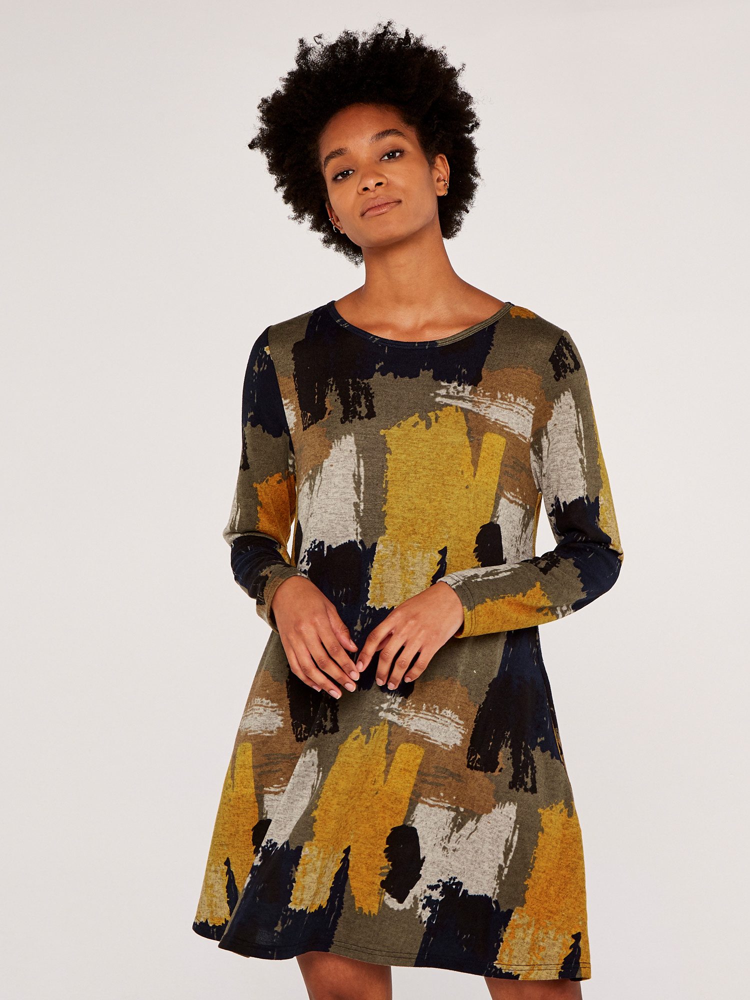 Apricot Minikleid A-Linien Kleid mit Pinselstrichmuster – Bild 4 von 4