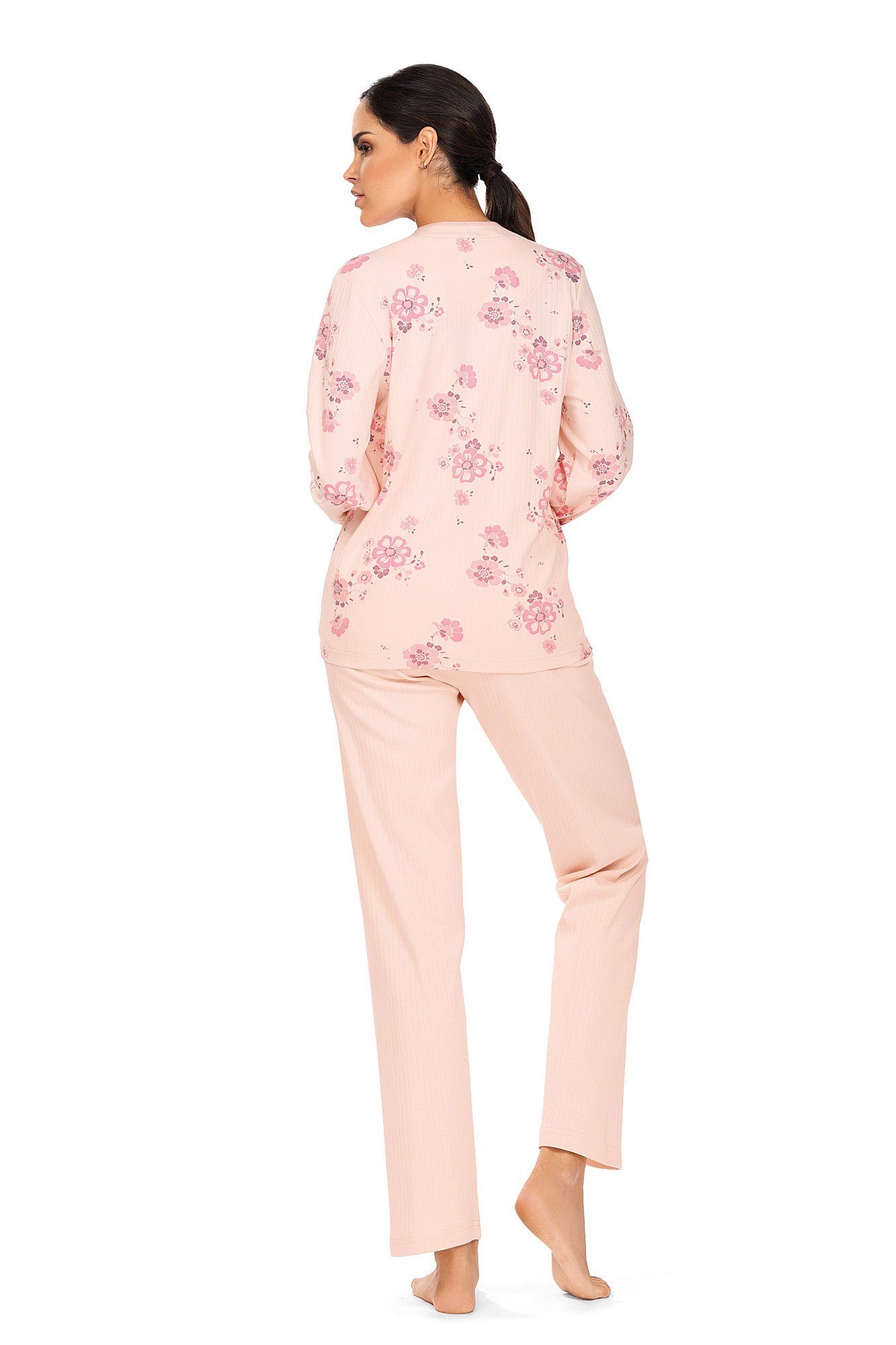 Schlafanzug Knopfleiste 2-teilig comtessa Pyjama apricot Schlafanzug Baumwolle (Set, 2 2-teilig) tlg., Interlock Damen